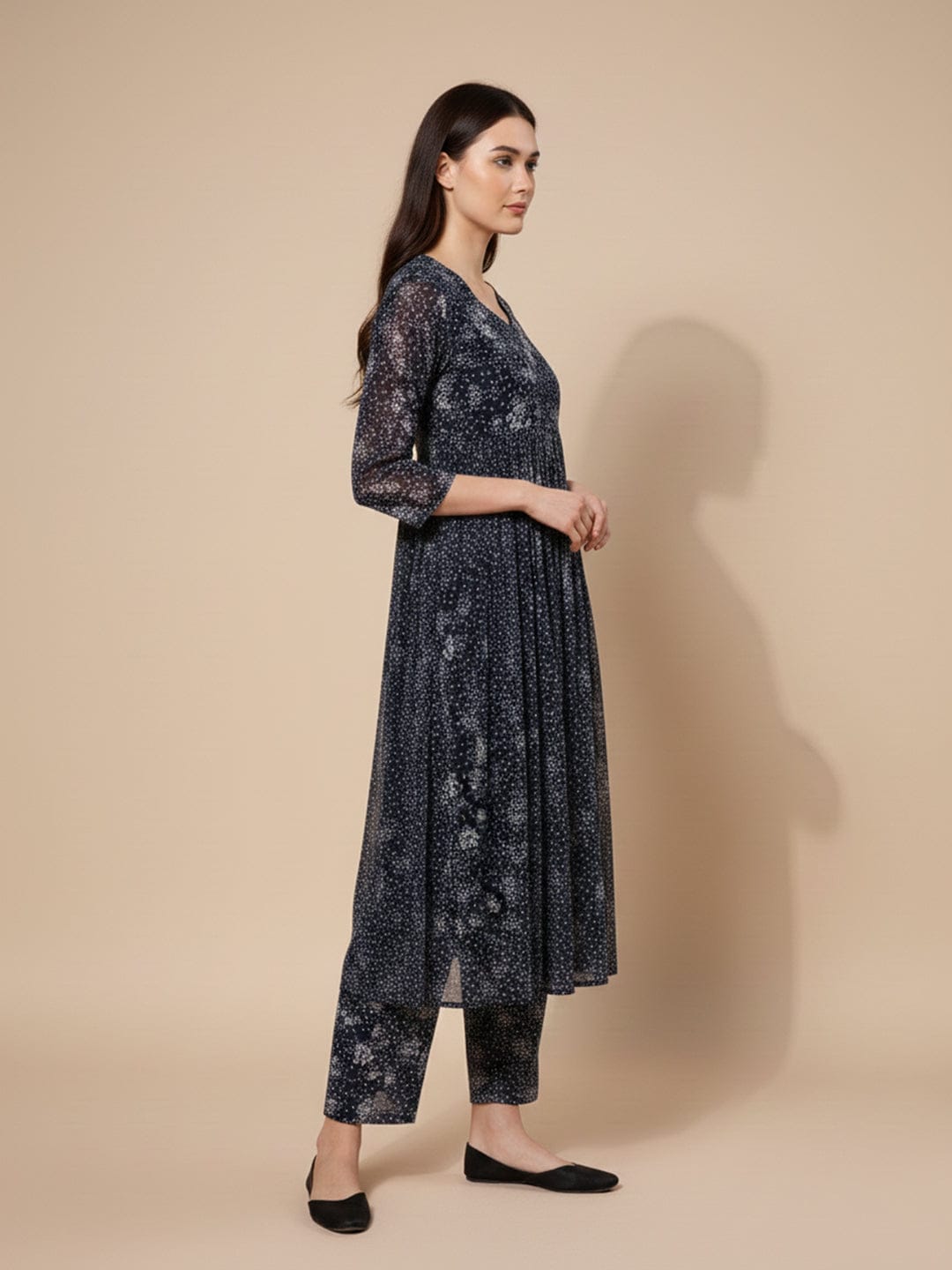 KSUT Women Navy Blue Allover Floral Printed Pleated Empire Kurta Paired With Tonal Bottom