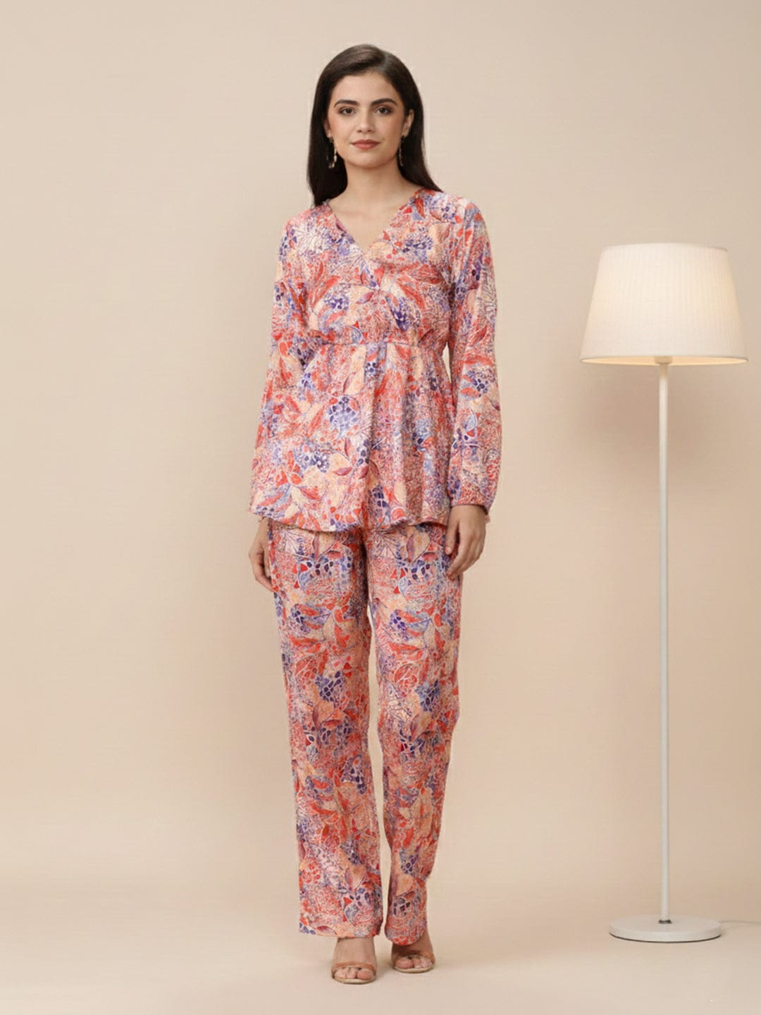 KSUT Women Beige Abstract Printed Top Paired With Tonal Printed Bottom