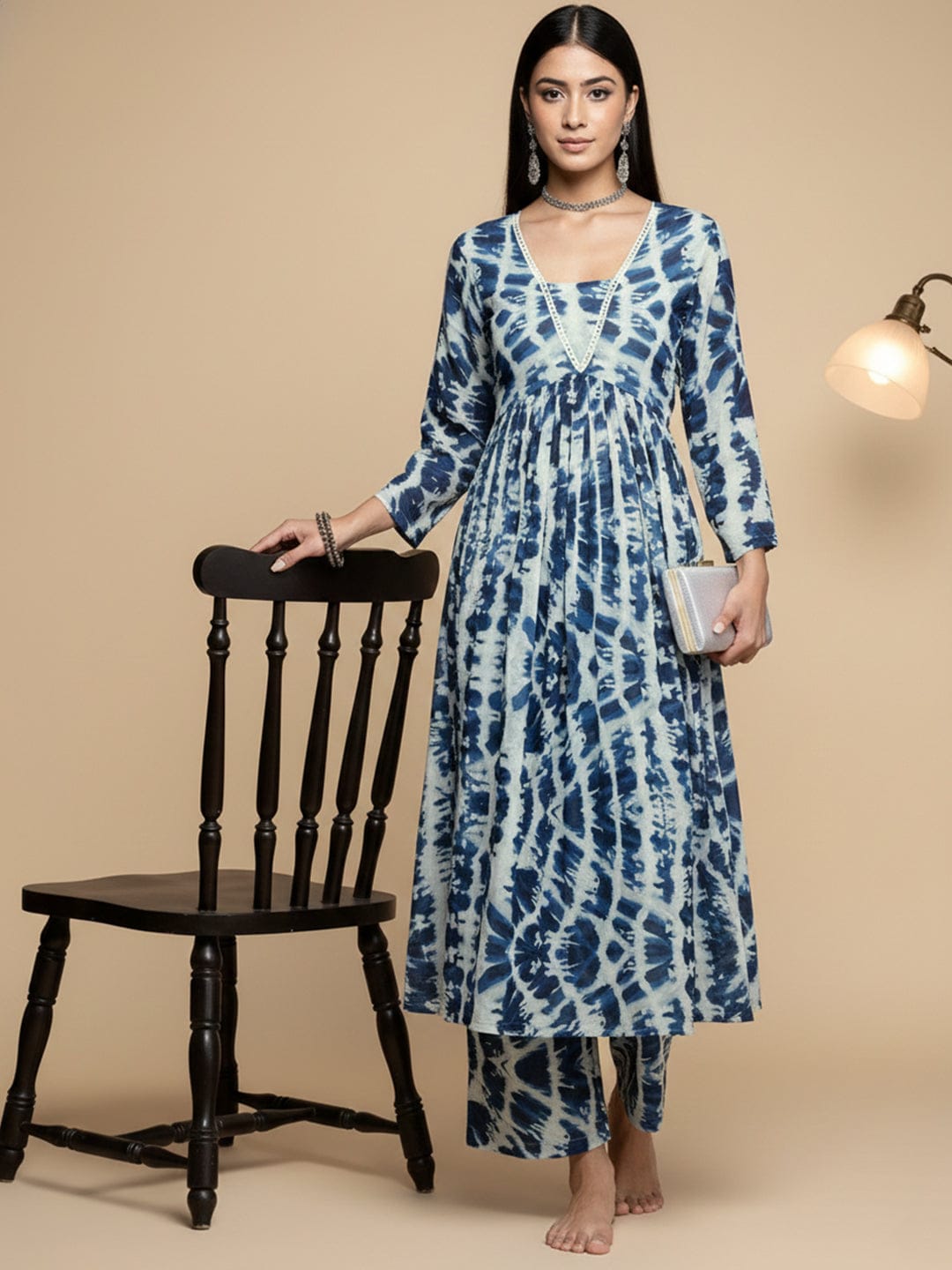 KSUT Women Blue Shibori Printed V-Neck A-Line Kurta Paired With Tonal Printed Bottom