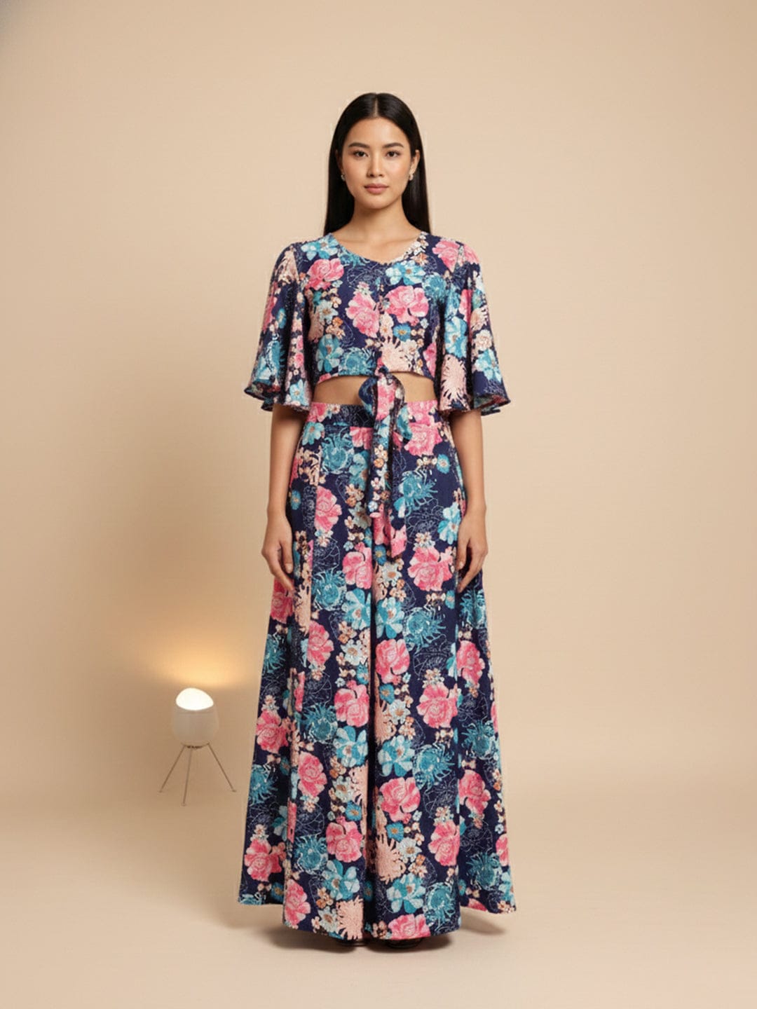 KSUT Women Blue Floral Printed, Flared Sleeves, Front Open With Tie Up Details Crop Top Paired With Flared Bottom
