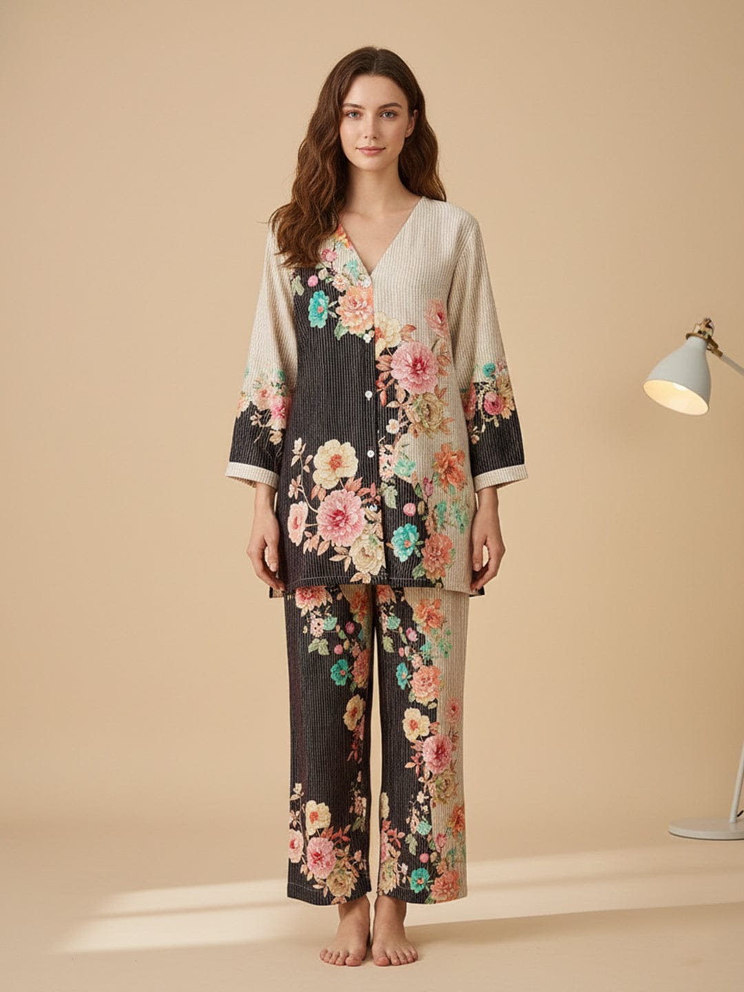 KSUT Women Contrast Black And White Floral Co-Ord Set With Elasticated Waistband On Trousers
