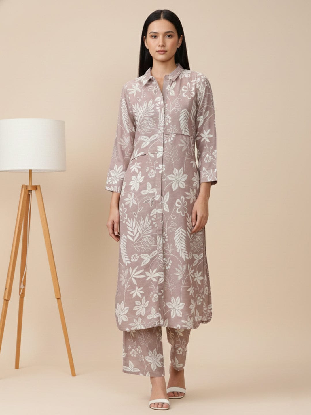 KSUT Women Grey Shirt Collar Side Slit Tunic With Tonal Printed Bottom