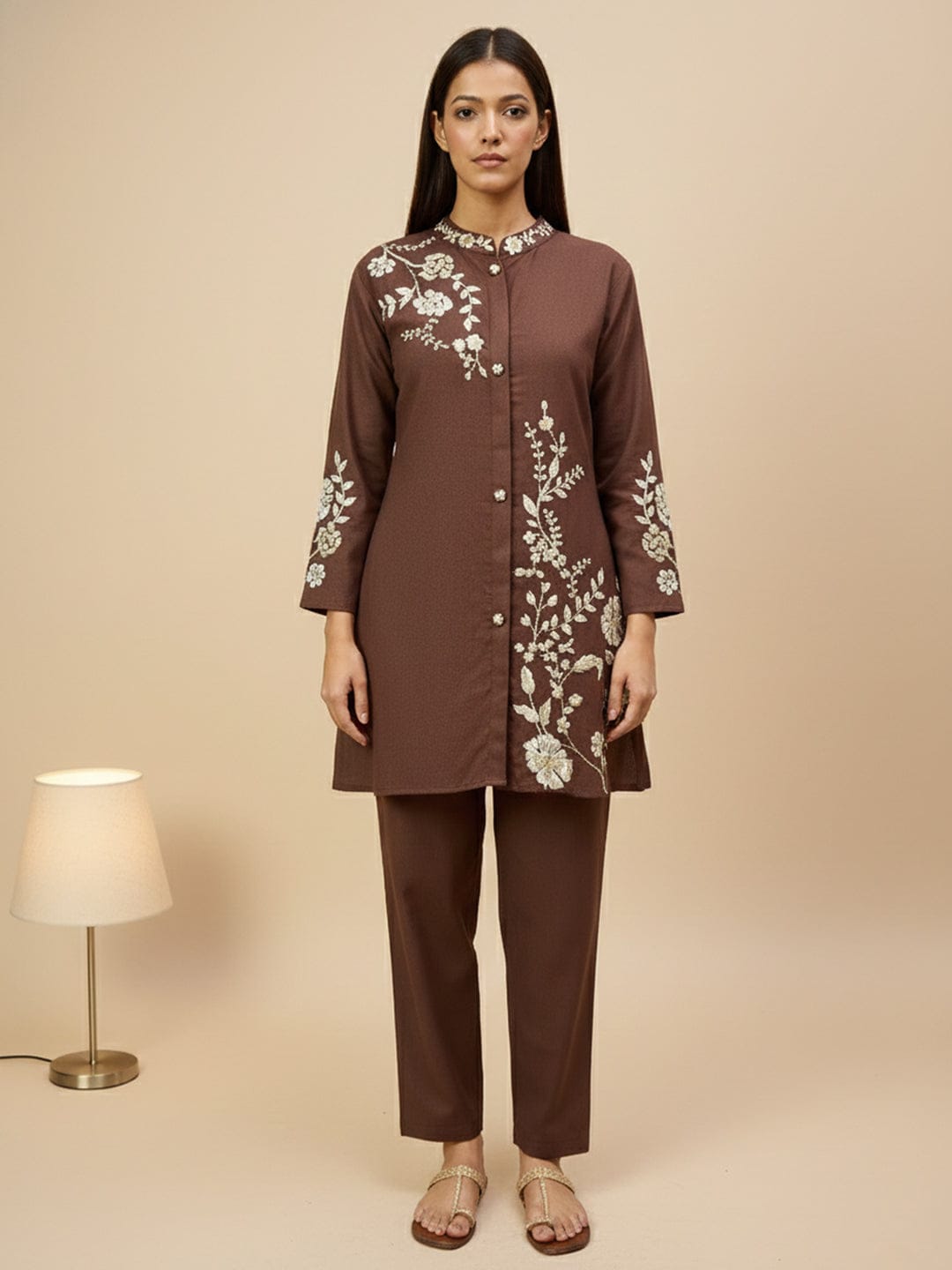 KSUT Women Elegant Brown Co-Ord Set Featuring Thread Embroidery , Paired With Ankle-Length Trousers For A Chic, Coordinated Look.
