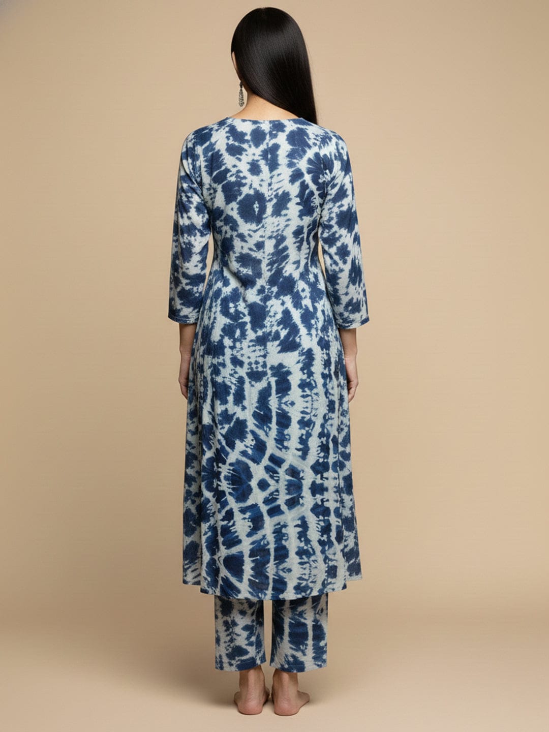 KSUT Women Blue Shibori Printed V-Neck A-Line Kurta Paired With Tonal Printed Bottom