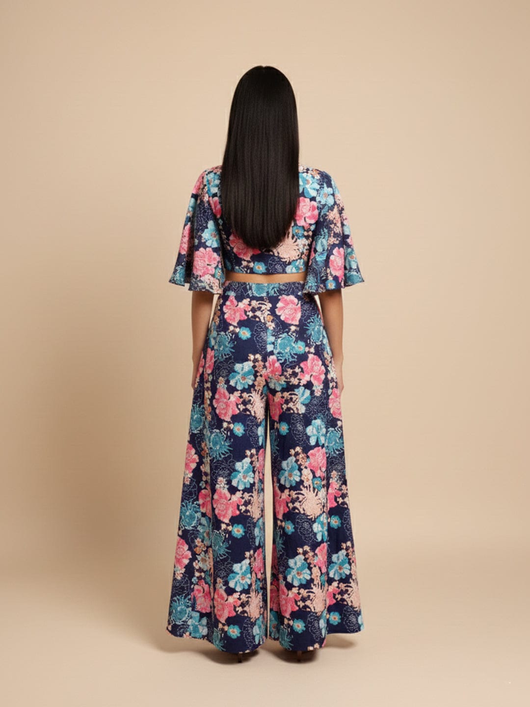 KSUT Women Blue Floral Printed, Flared Sleeves, Front Open With Tie Up Details Crop Top Paired With Flared Bottom