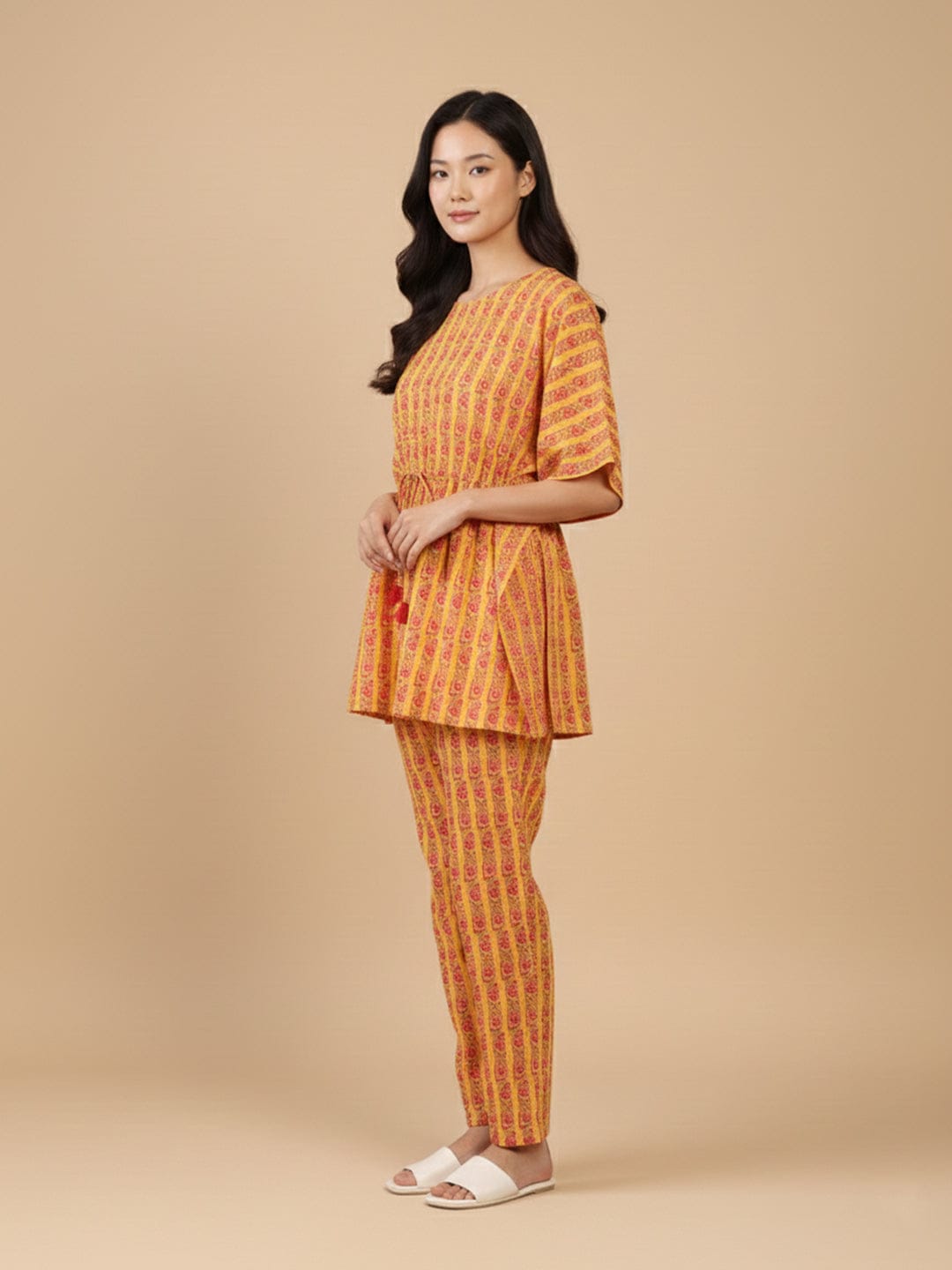KSUT Mustard And Pink Floral Printed V Neck Kaftan Trouser Set