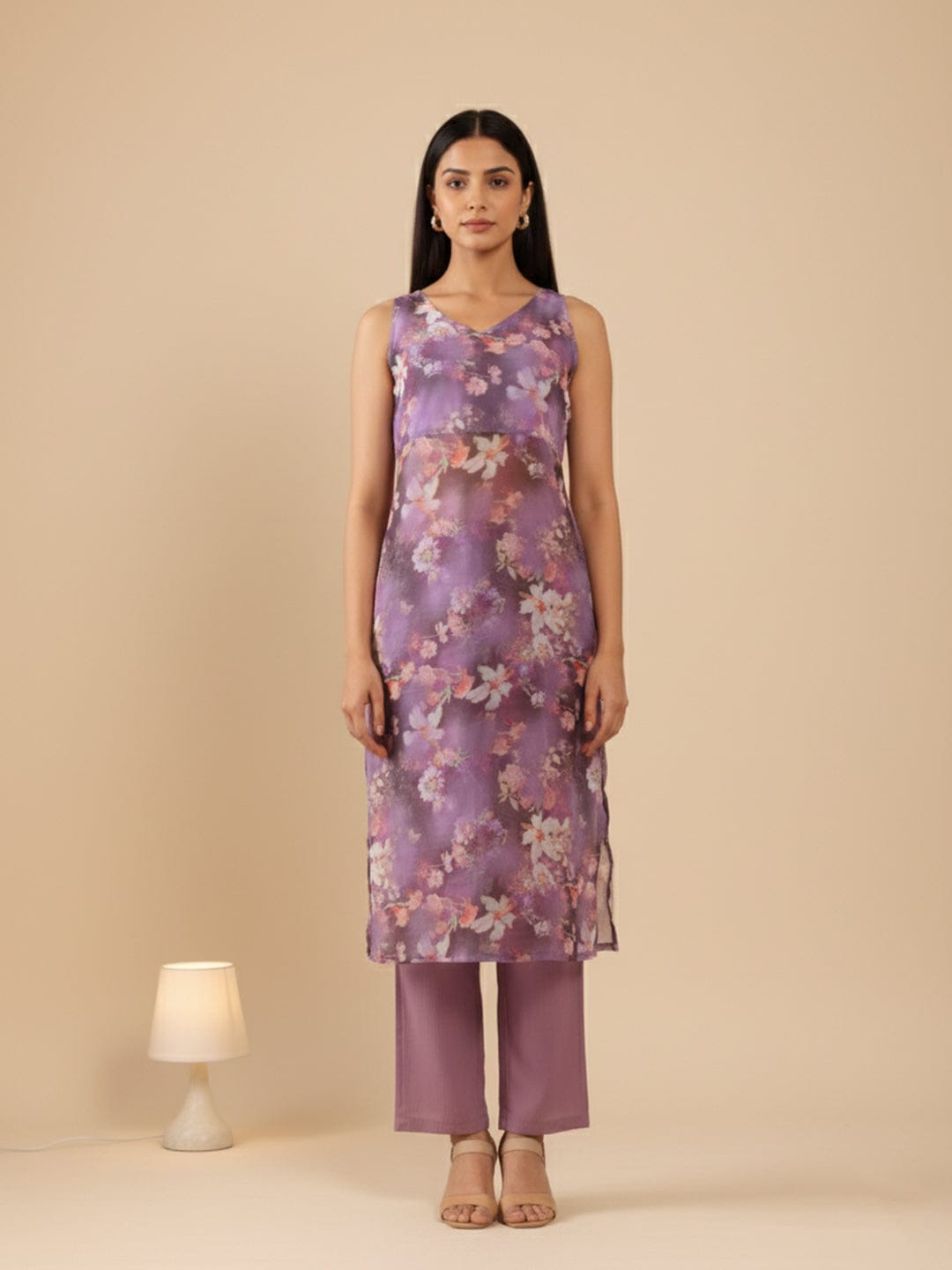 KSUT Women Floral Printed Sleeveless Straight Kurta Paired With Tonal Bottom