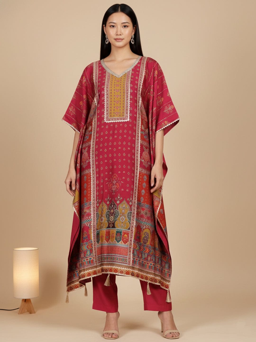 KSUT Women V Neck Ethnic Printed Zari Detailed Kaftan with Trouser