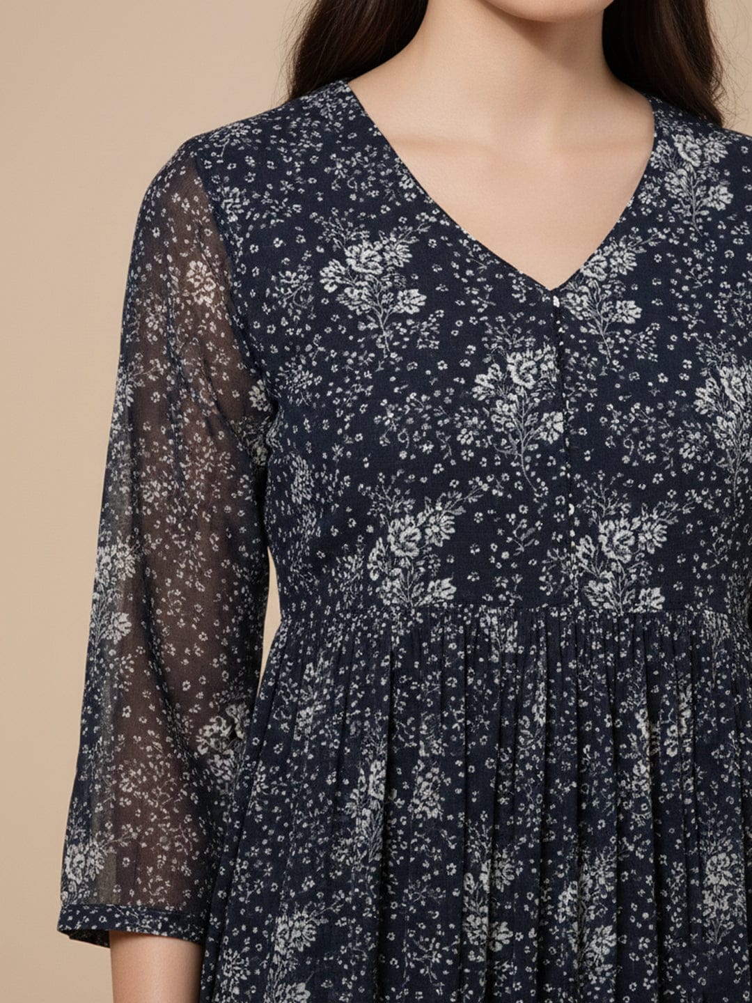 KSUT Women Navy Blue Allover Floral Printed Pleated Empire Kurta Paired With Tonal Bottom