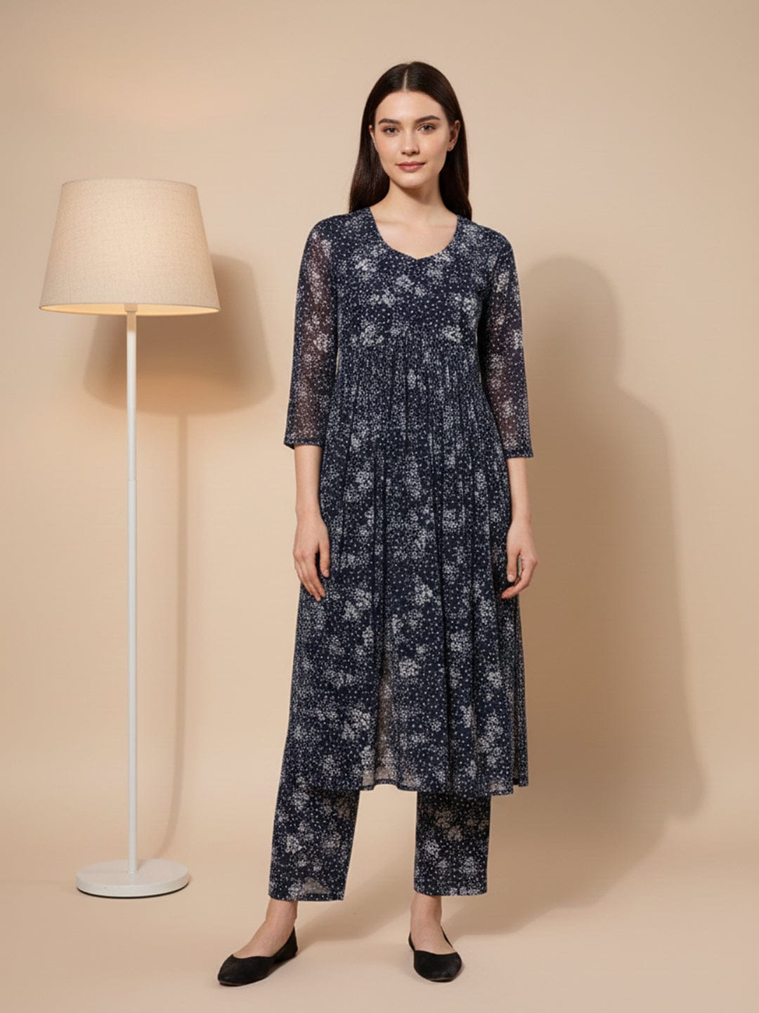 KSUT Women Navy Blue Allover Floral Printed Pleated Empire Kurta Paired With Tonal Bottom