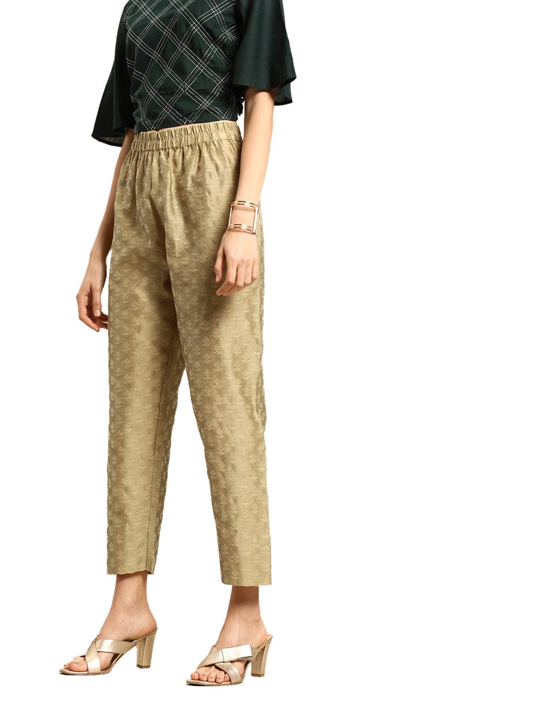 The Kurti Collection Women Golden & Beige Woven Design Cropped Trousers