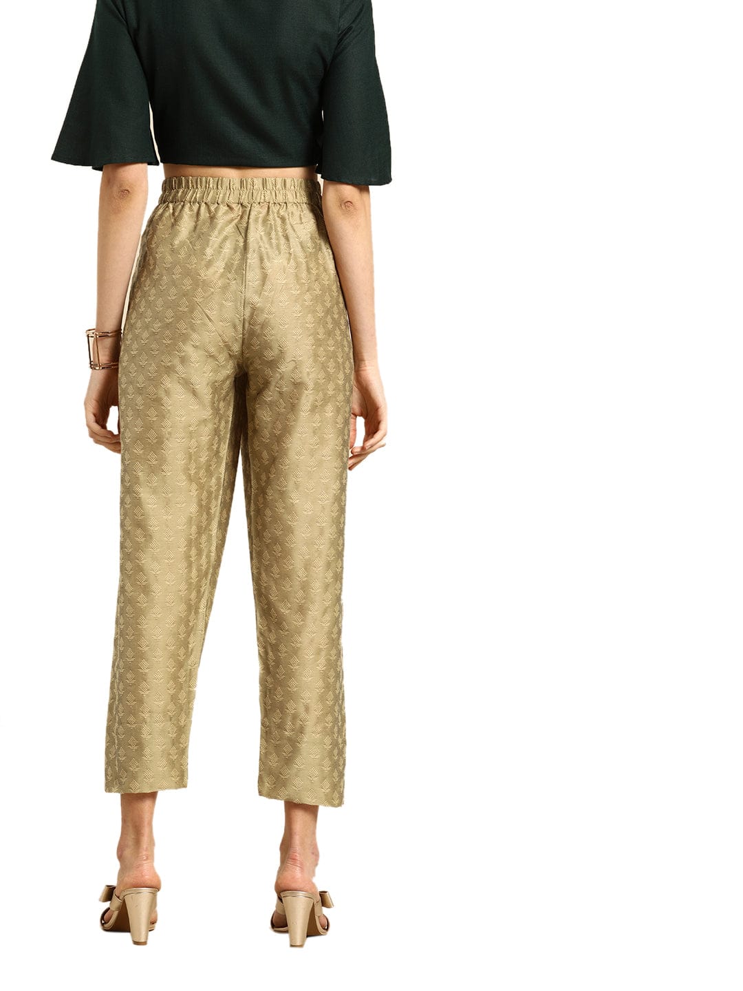 The Kurti Collection Women Golden & Beige Woven Design Cropped Trousers