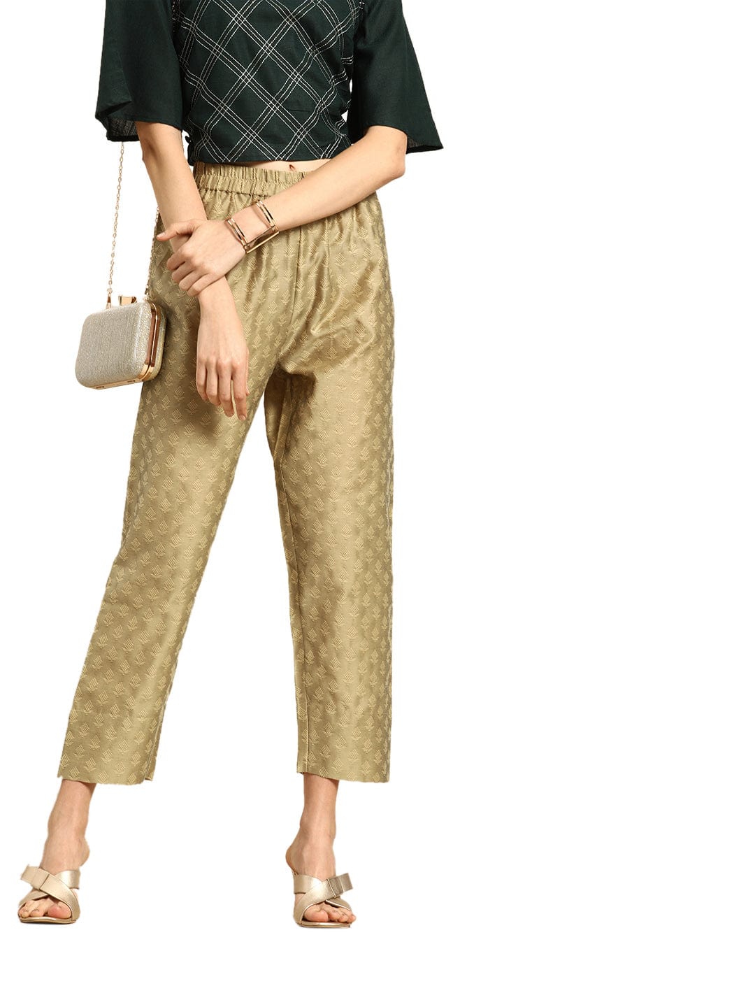 The Kurti Collection Women Golden & Beige Woven Design Cropped Trousers