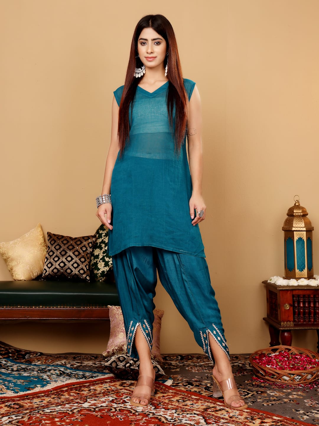 The Kurti Collection Women Teal Blue Pure Silk Gotta And Mirror Work Kaftan With Tulip Pants