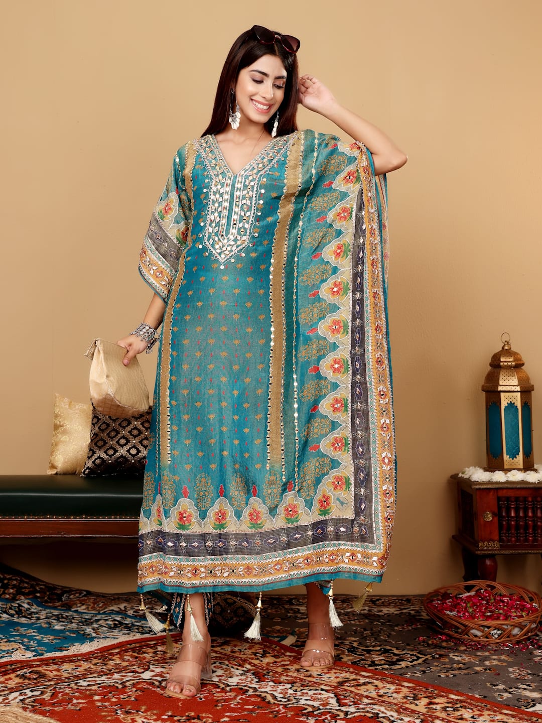 The Kurti Collection Women Teal Blue Pure Silk Gotta And Mirror Work Kaftan With Tulip Pants