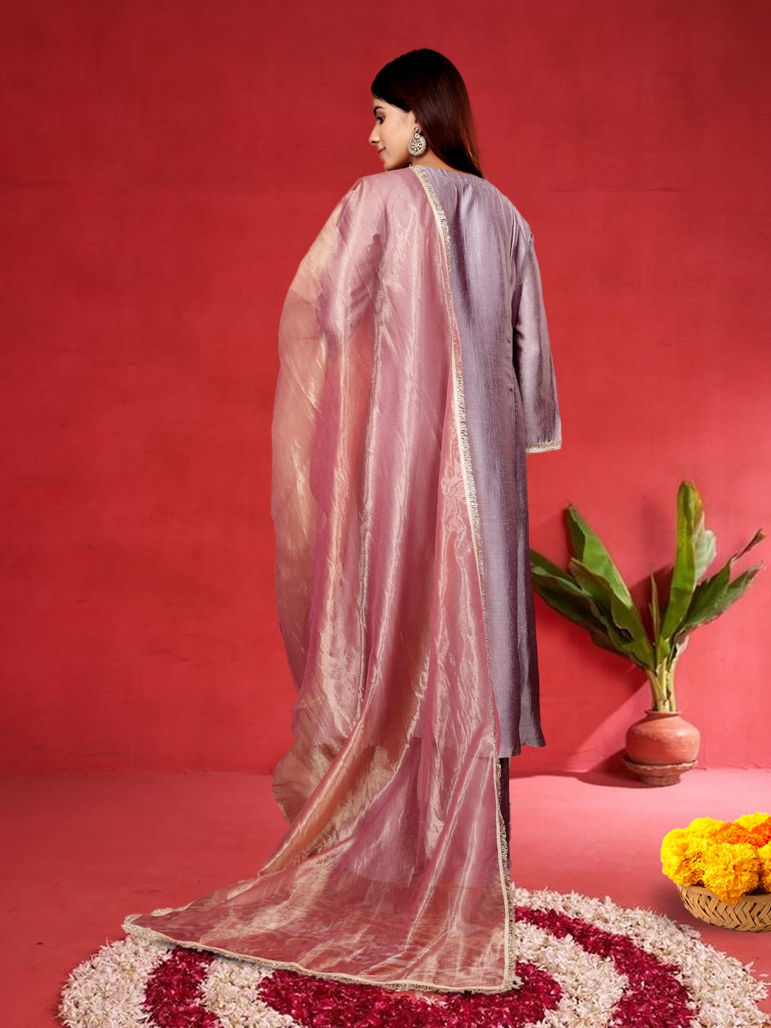 Varanga Women Lavender Zari Lace Embellished Anarkali Kurta With Trousers And Tissue Dupatta.