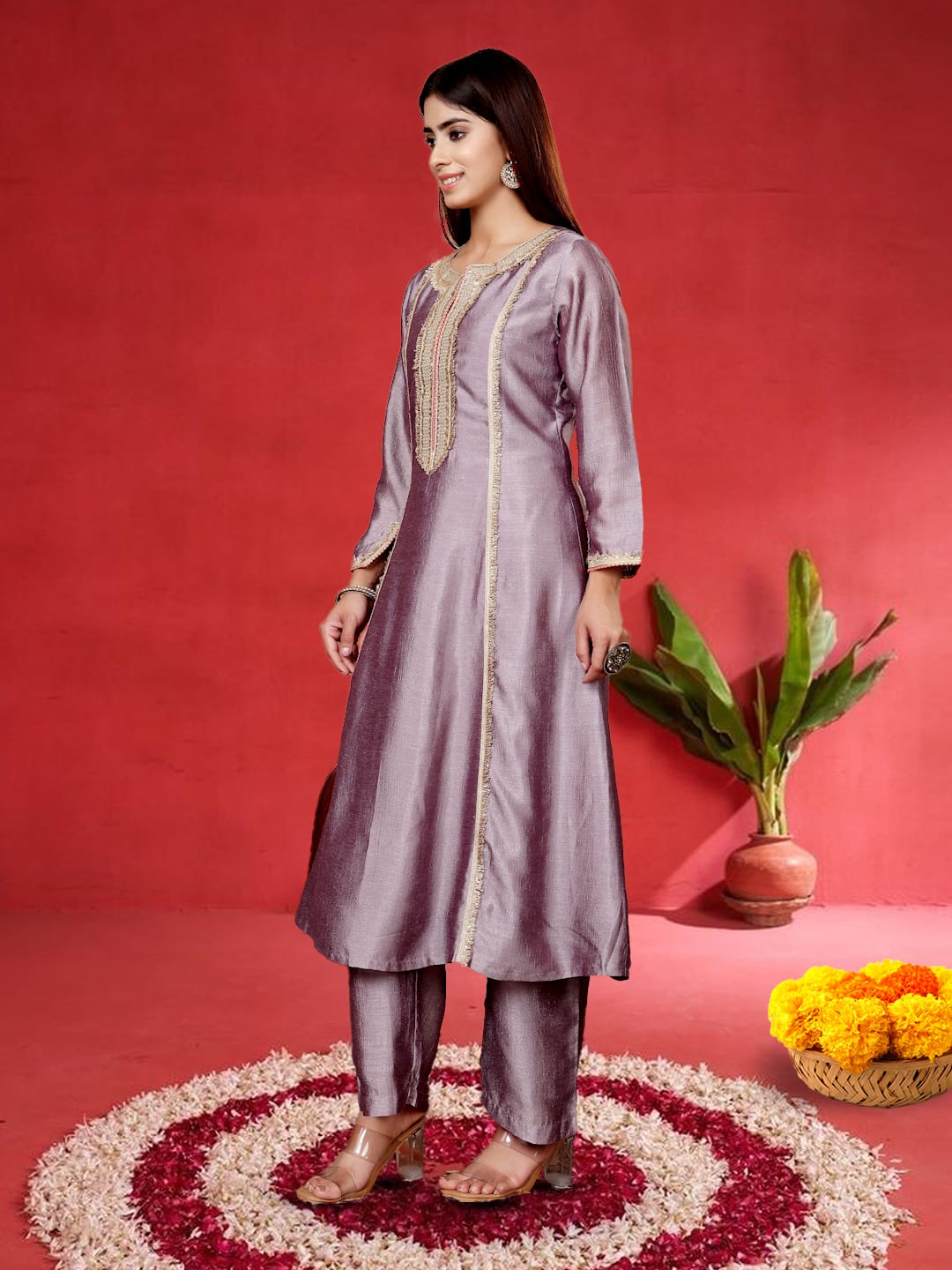 Varanga Women Lavender Zari Lace Embellished Anarkali Kurta With Trousers And Tissue Dupatta.