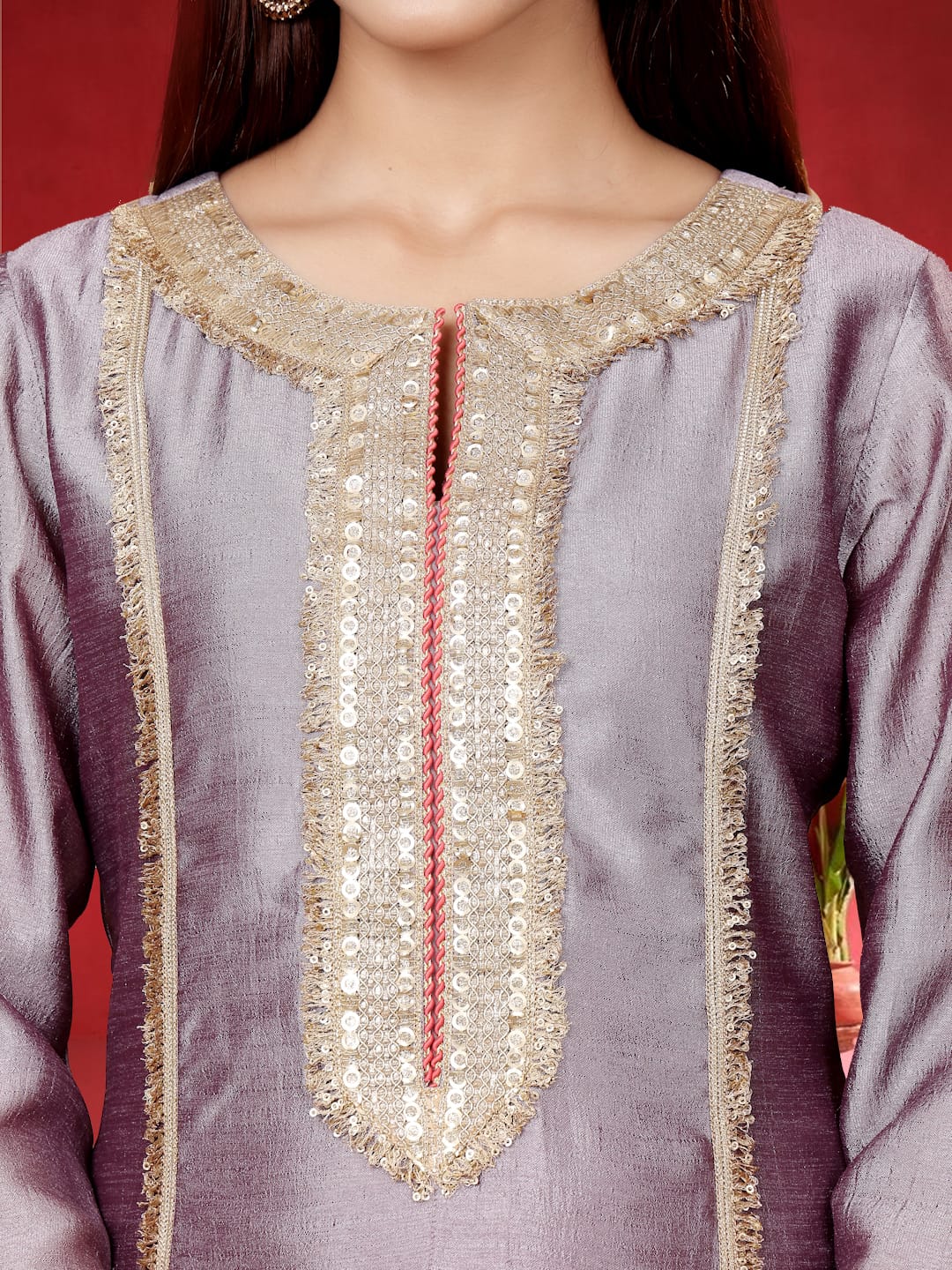 Varanga Women Lavender Zari Lace Embellished Anarkali Kurta With Trousers And Tissue Dupatta.