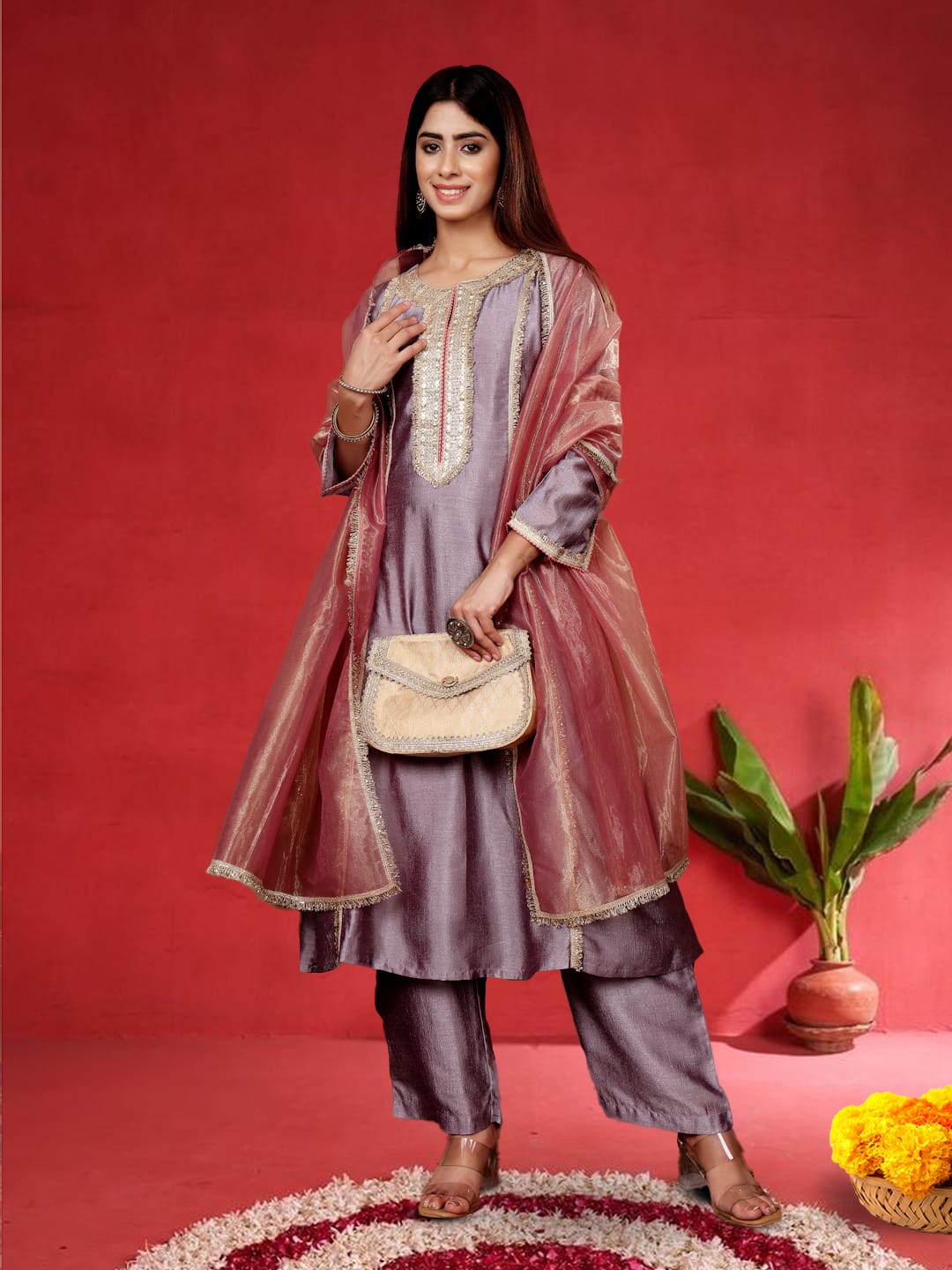 The Kurti Collection Women Lavender Zari Lace Embellished Anarkali Kurta With Trousers And Tissue Dupatta.