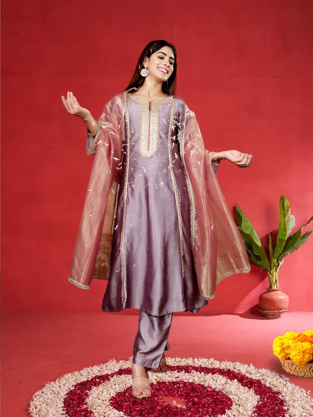The Kurti Collection Women Lavender Zari Lace Embellished Anarkali Kurta With Trousers And Tissue Dupatta.