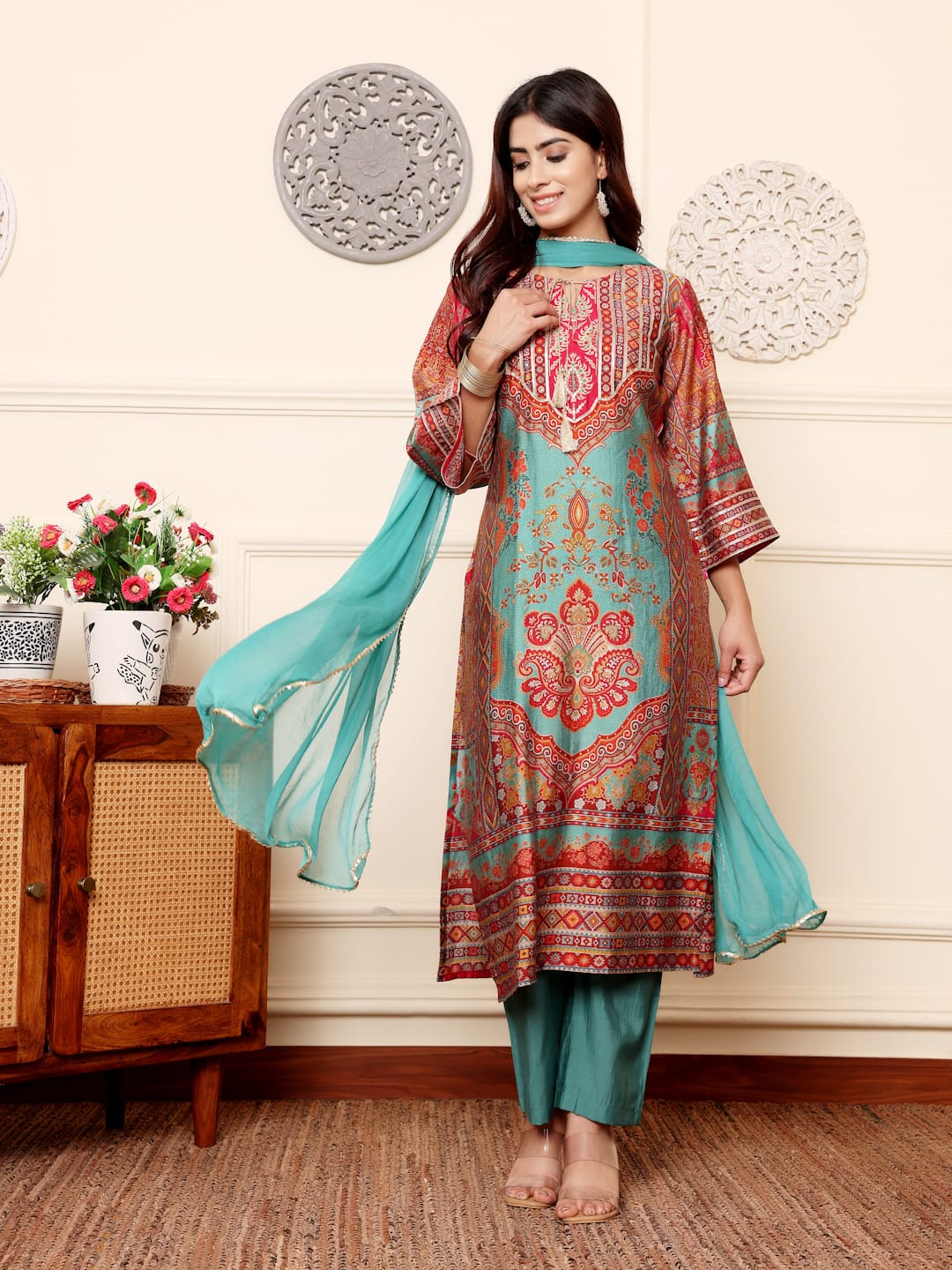 The Kurti Collection Women Turquish Ethnic Printed Zari & Gota Lace Detailed Kurta With Solid Trouser & Dupatta