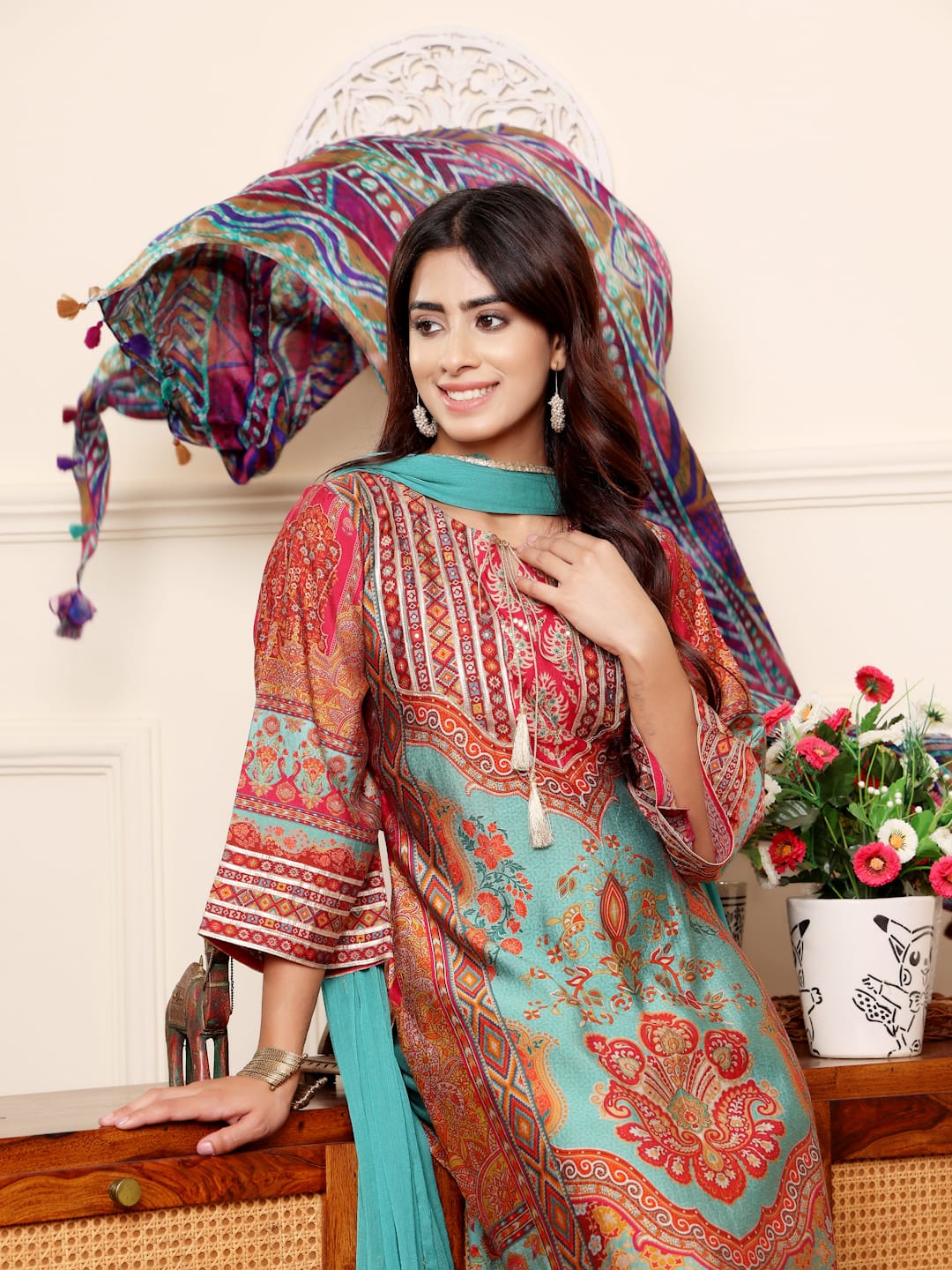 Varanga Women Turquish Ethnic Printed Zari & Gota Lace Detailed Kurta With Solid Trouser & Dupatta