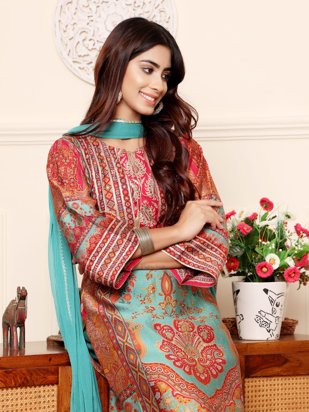 Varanga Women Turquish Ethnic Printed Zari & Gota Lace Detailed Kurta With Solid Trouser & Dupatta