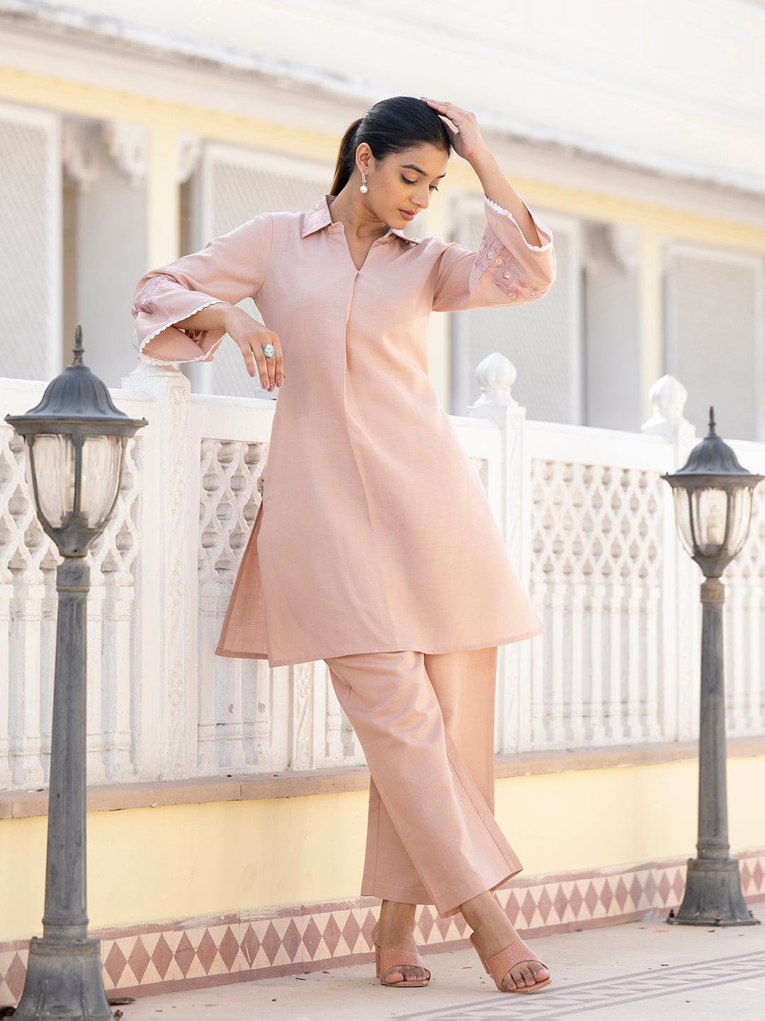 The Kurti Collection Women Peach Thread Embroidered Co-Ord Set