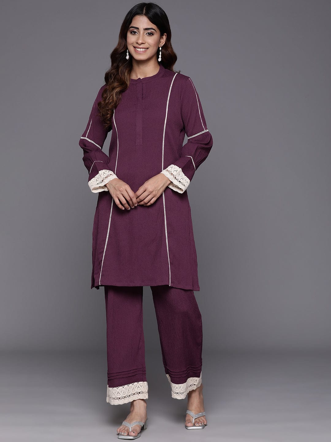 The Kurti Collection Women Violet Cotton Lace Detailed Co-Ord Set