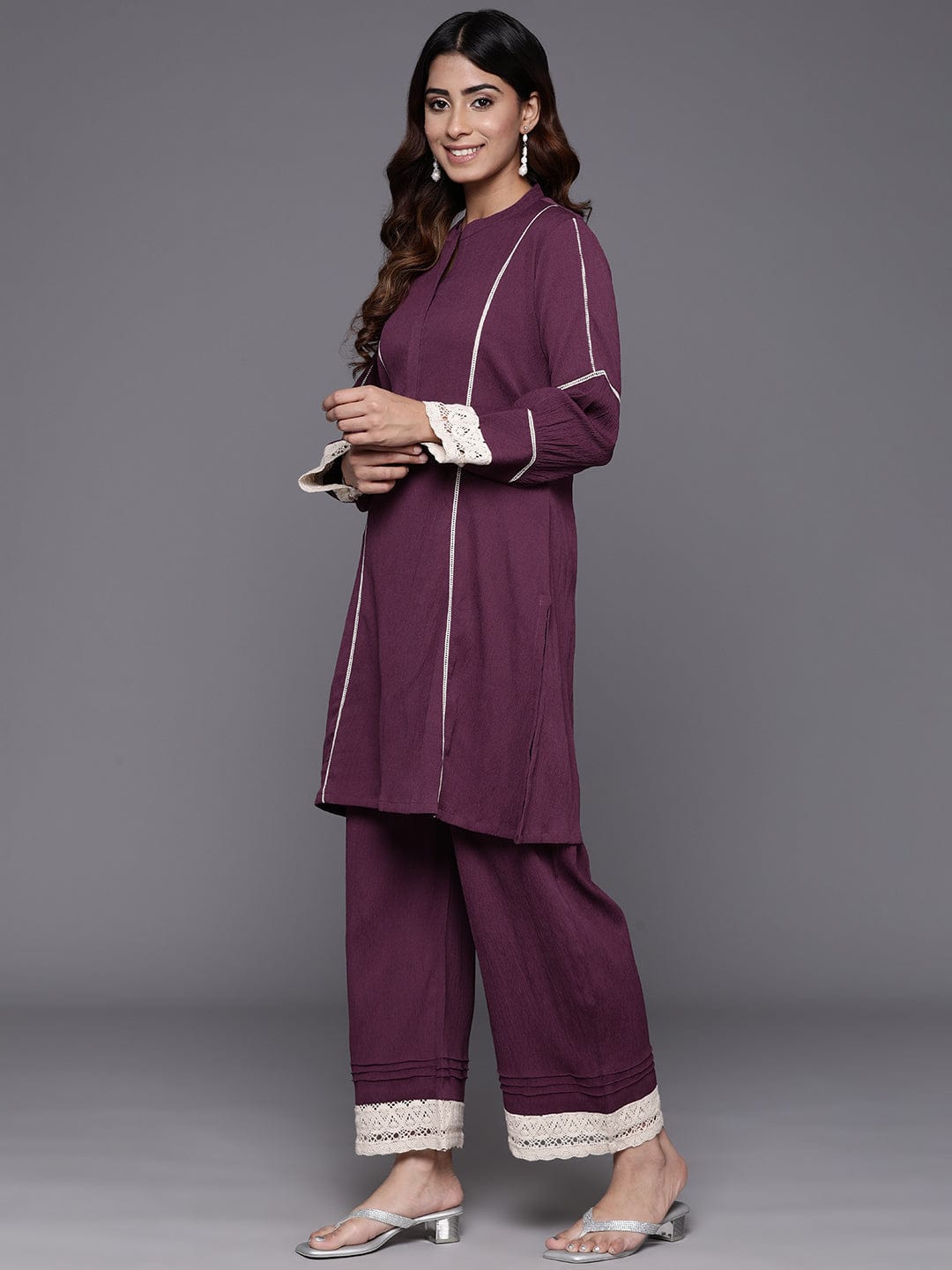 The Kurti Collection Women Violet Cotton Lace Detailed Co-Ord Set
