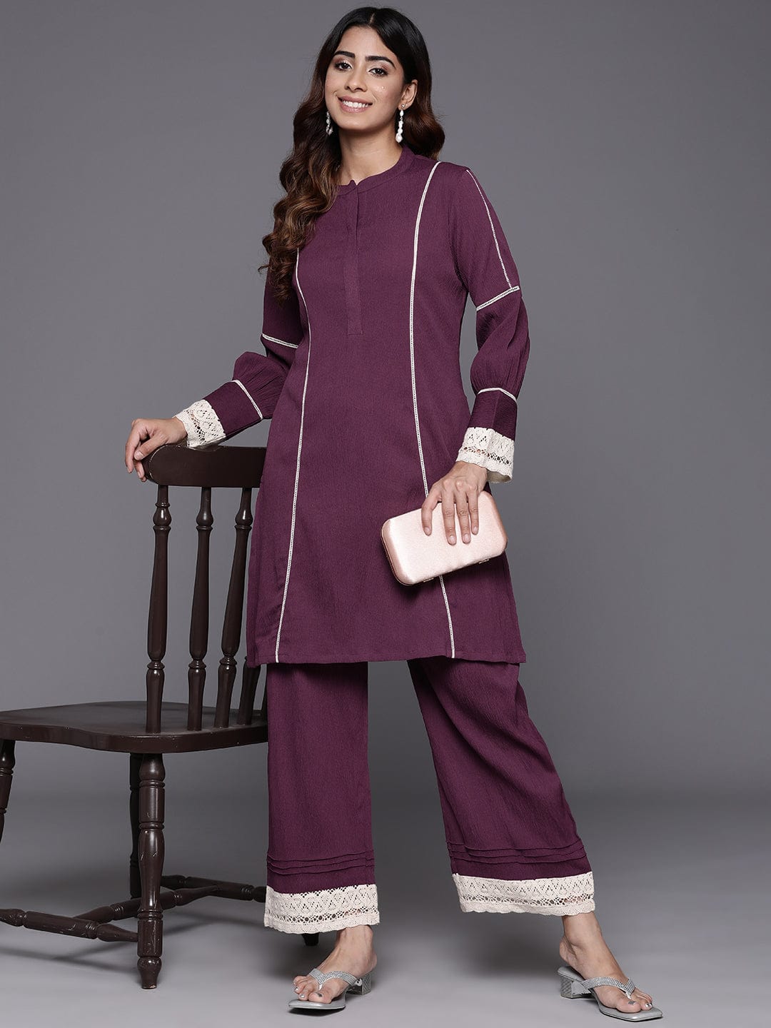 The Kurti Collection Women Violet Cotton Lace Detailed Co-Ord Set