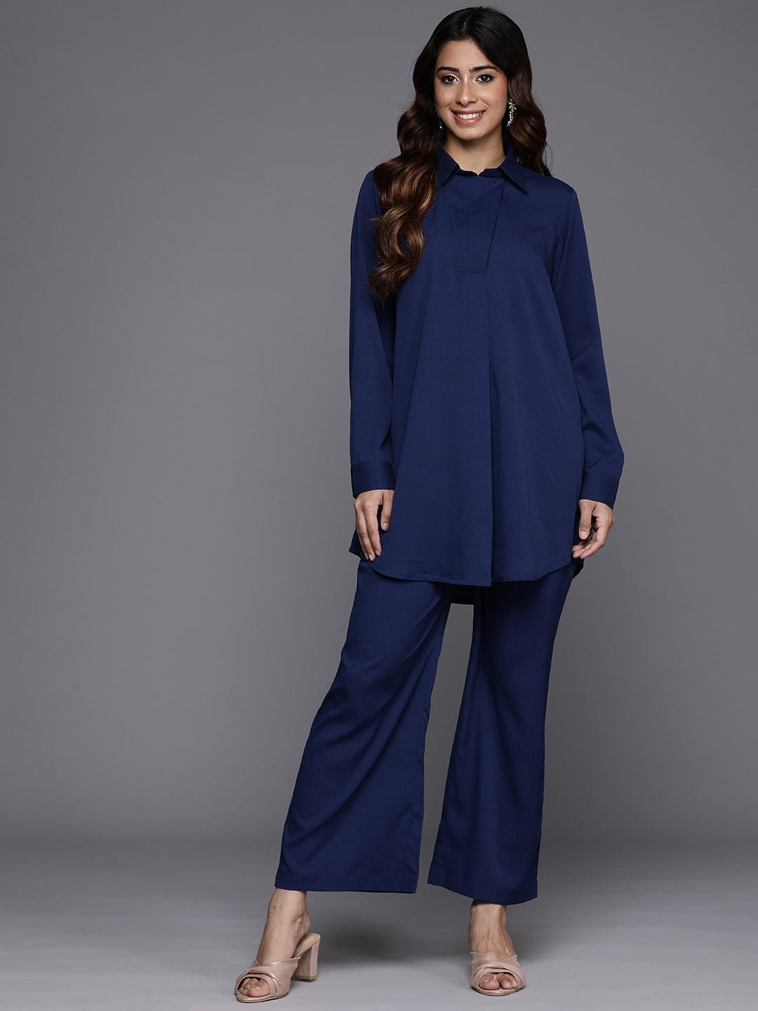 The Kurti Collection Women Blue Shirt Collar Co-Ord Set