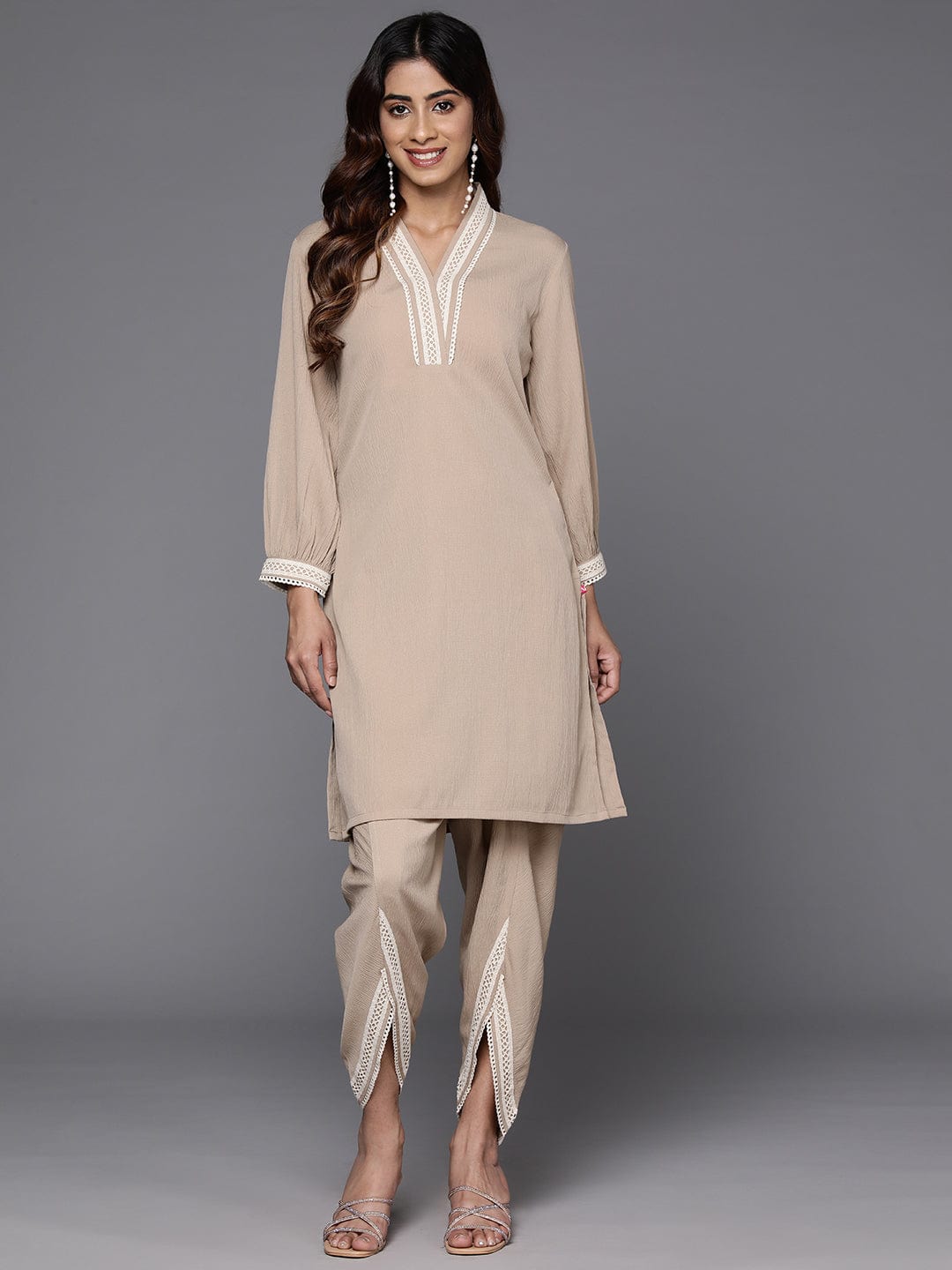 The Kurti Collection Women Beige Cotton Lace Detailed Co-Ord Sets