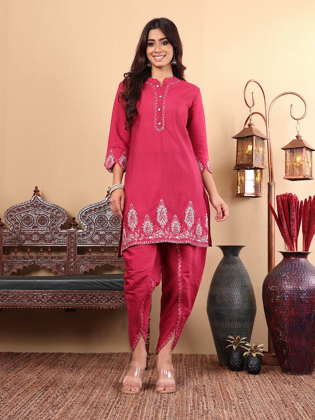 The Kurti Collection Women Mandarin Collar Thread Embroidered with Dhoti Salwar Bottom