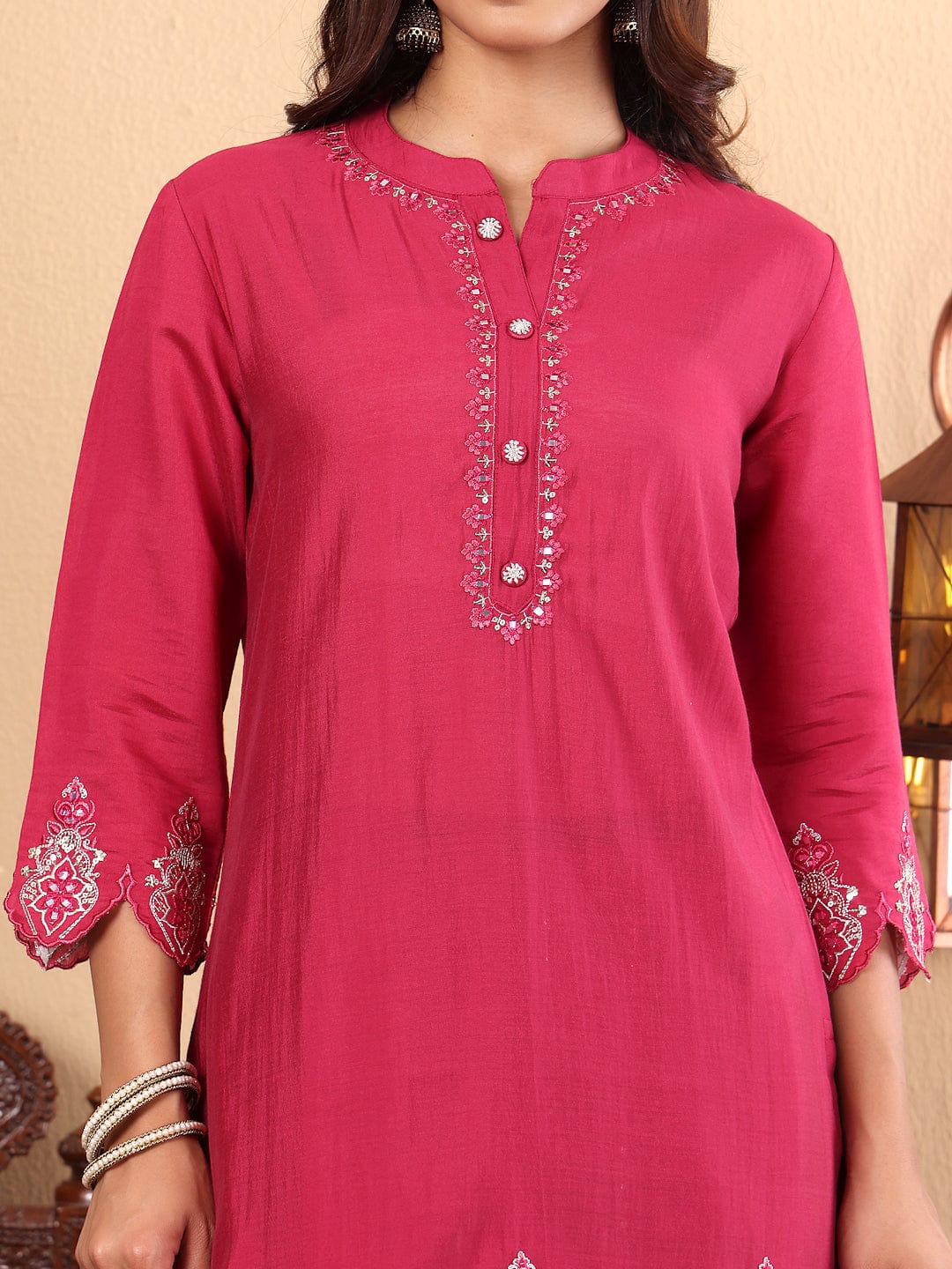 The Kurti Collection Women Mandarin Collar Thread Embroidered with Dhoti Salwar Bottom