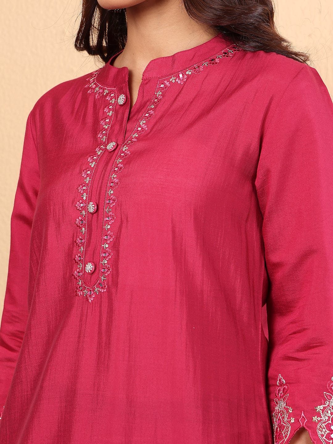 The Kurti Collection Women Mandarin Collar Thread Embroidered with Dhoti Salwar Bottom