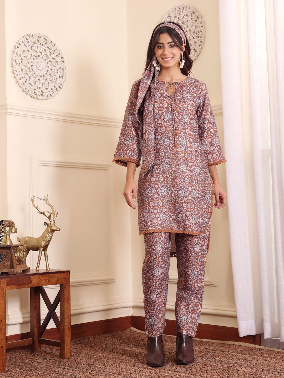 The Kurti Collection Women Camel Brown Printed Winter High-Low Co-Ord Set