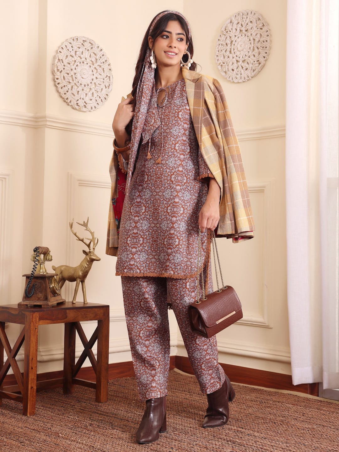 The Kurti Collection Women Camel Brown Printed Winter High-Low Co-Ord Set