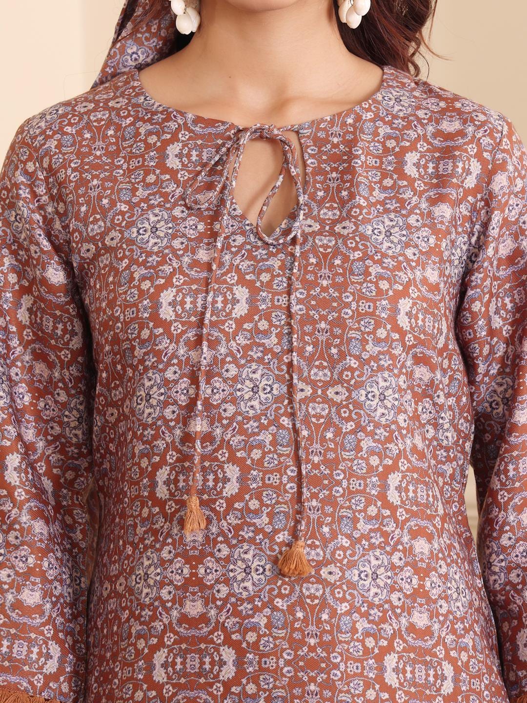 The Kurti Collection Women Camel Brown Printed Winter High-Low Co-Ord Set