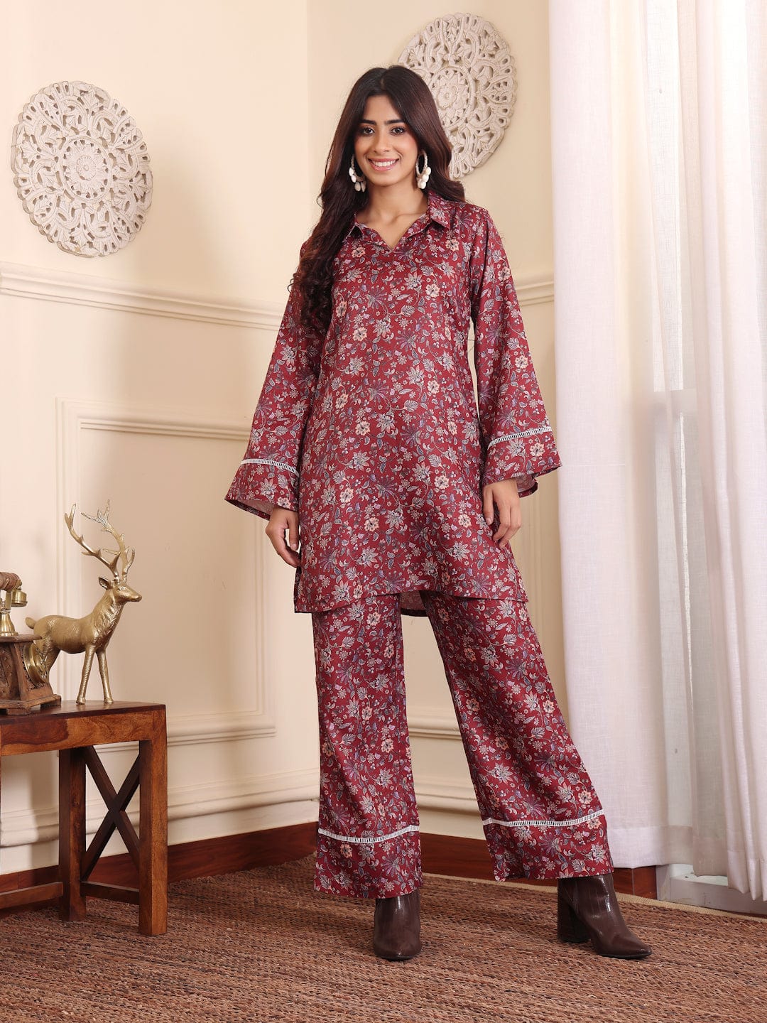 The Kurti Collection Women Rust Floral Printed Winter Co-Ord Set