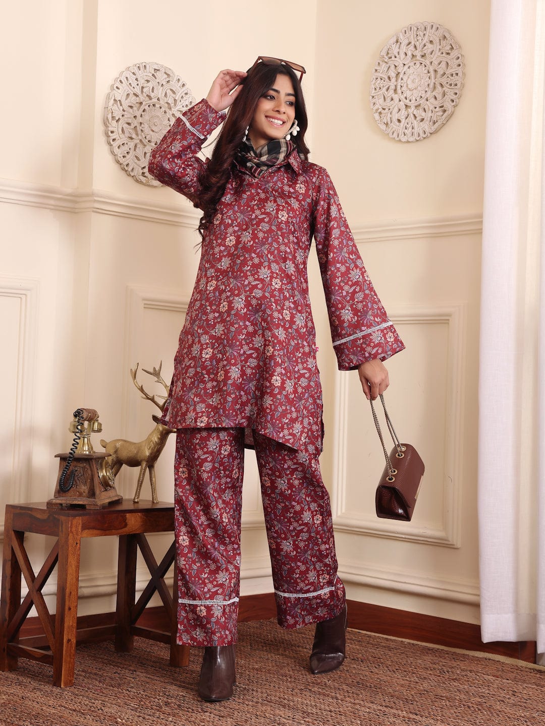 The Kurti Collection Women Rust Floral Printed Winter Co-Ord Set