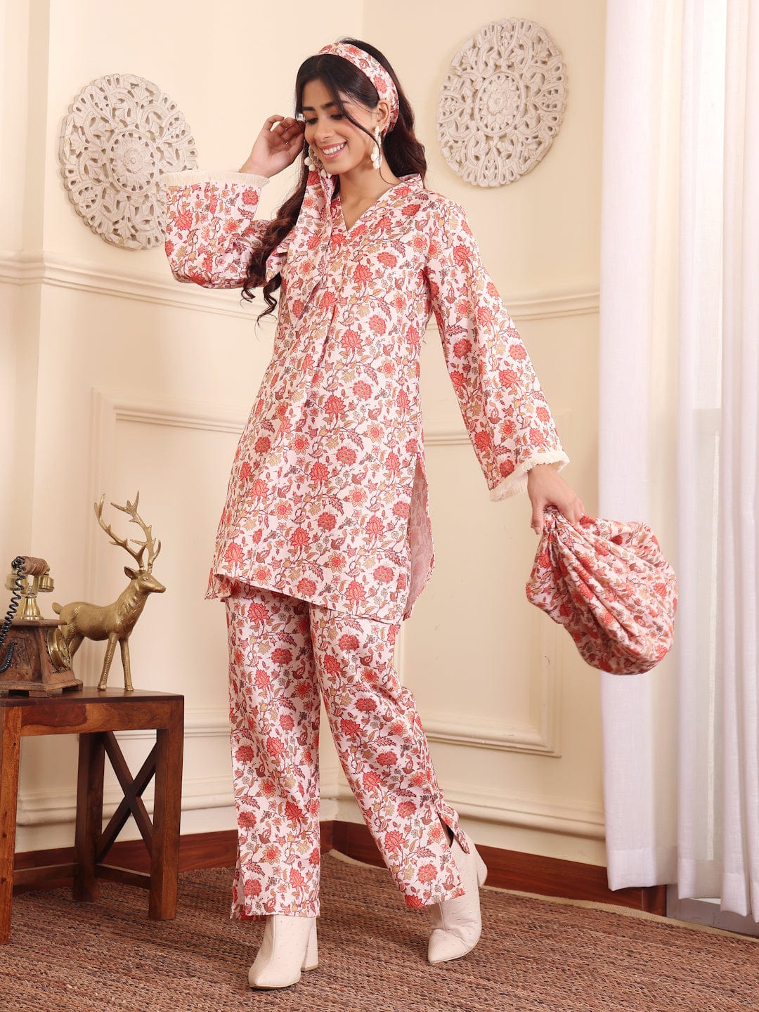 The Kurti Collection Women Off White Floral Printed Winter Co-Ord Set