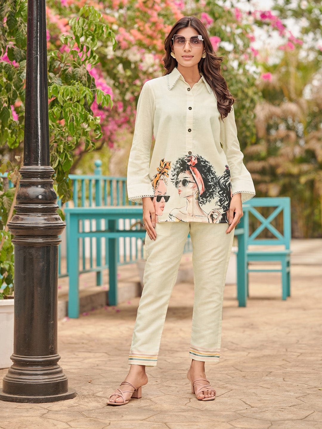 KSUT Women Modern Printed Apple Hem Shirt with Trouser
