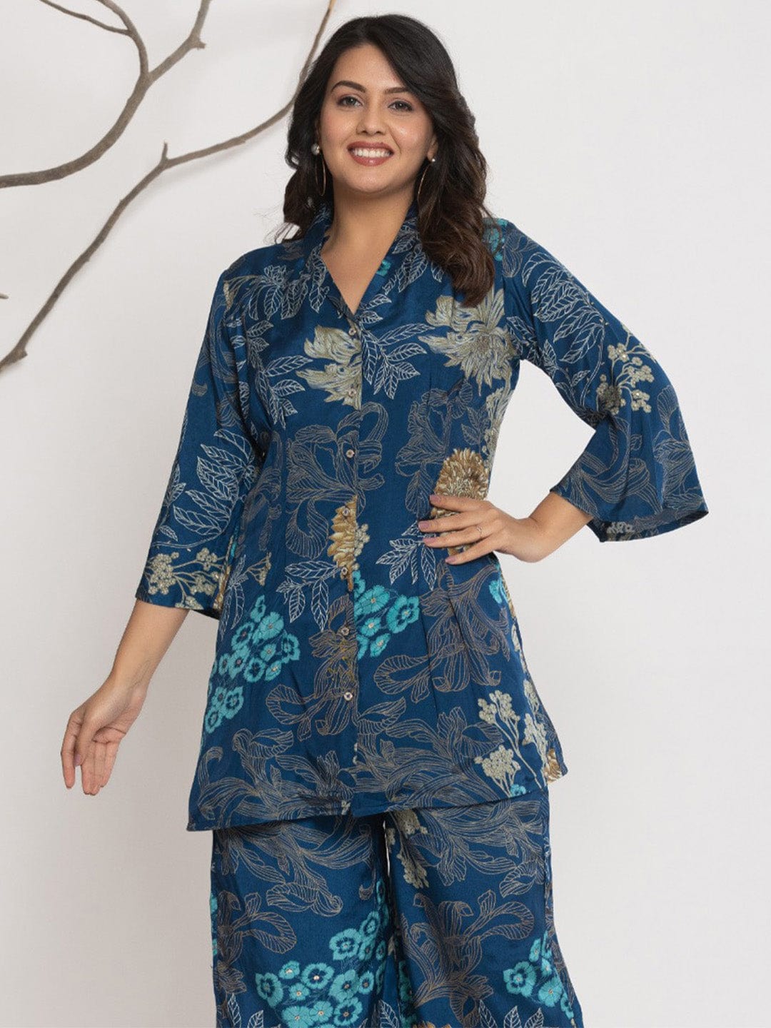 KSUT Women Floral Printed Front Placket Shirt with Flared Palazzo