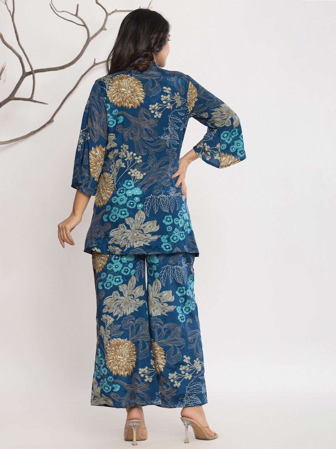 KSUT Women Floral Printed Front Placket Shirt with Flared Palazzo