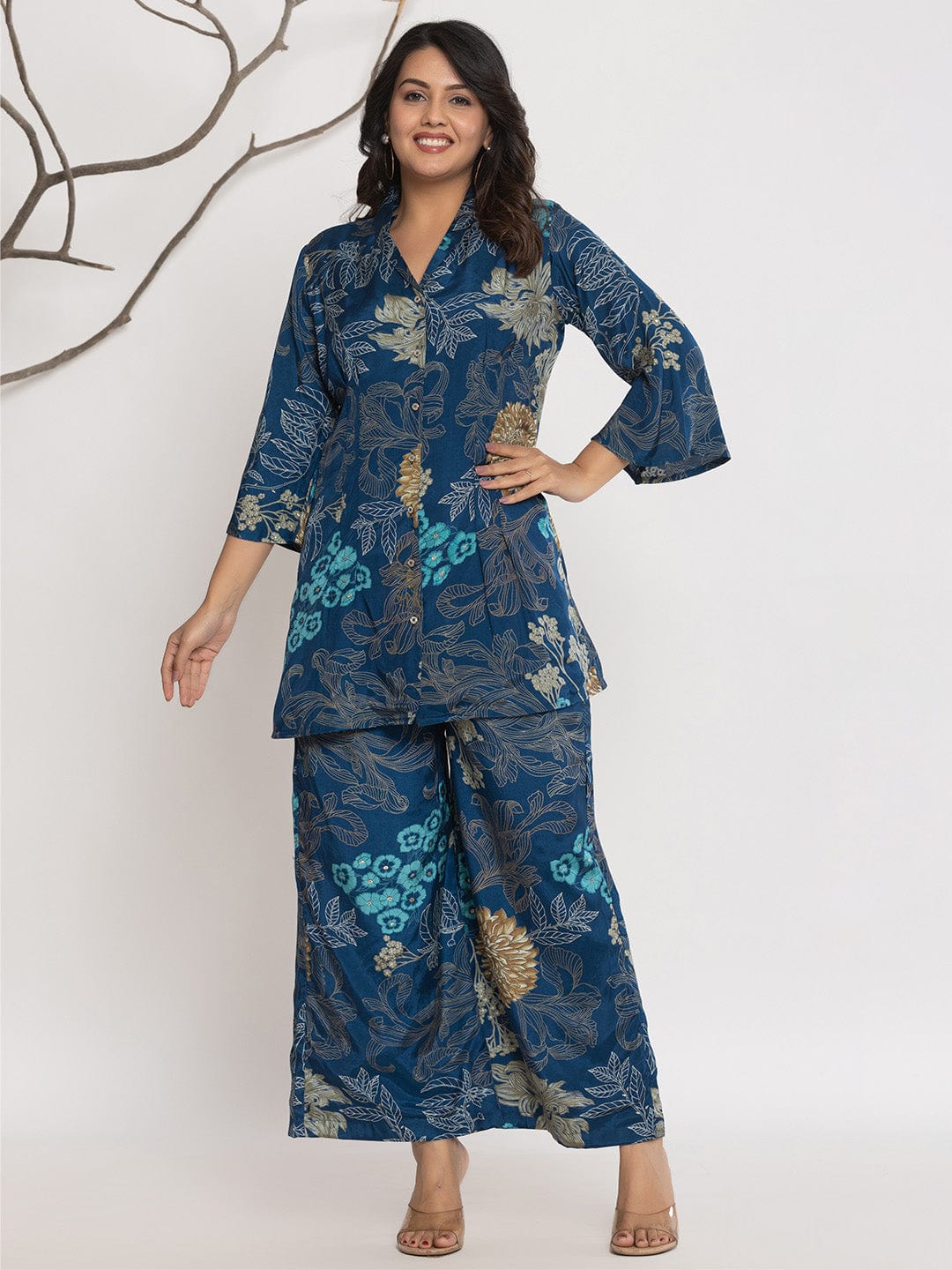 KSUT Women Floral Printed Front Placket Shirt with Flared Palazzo