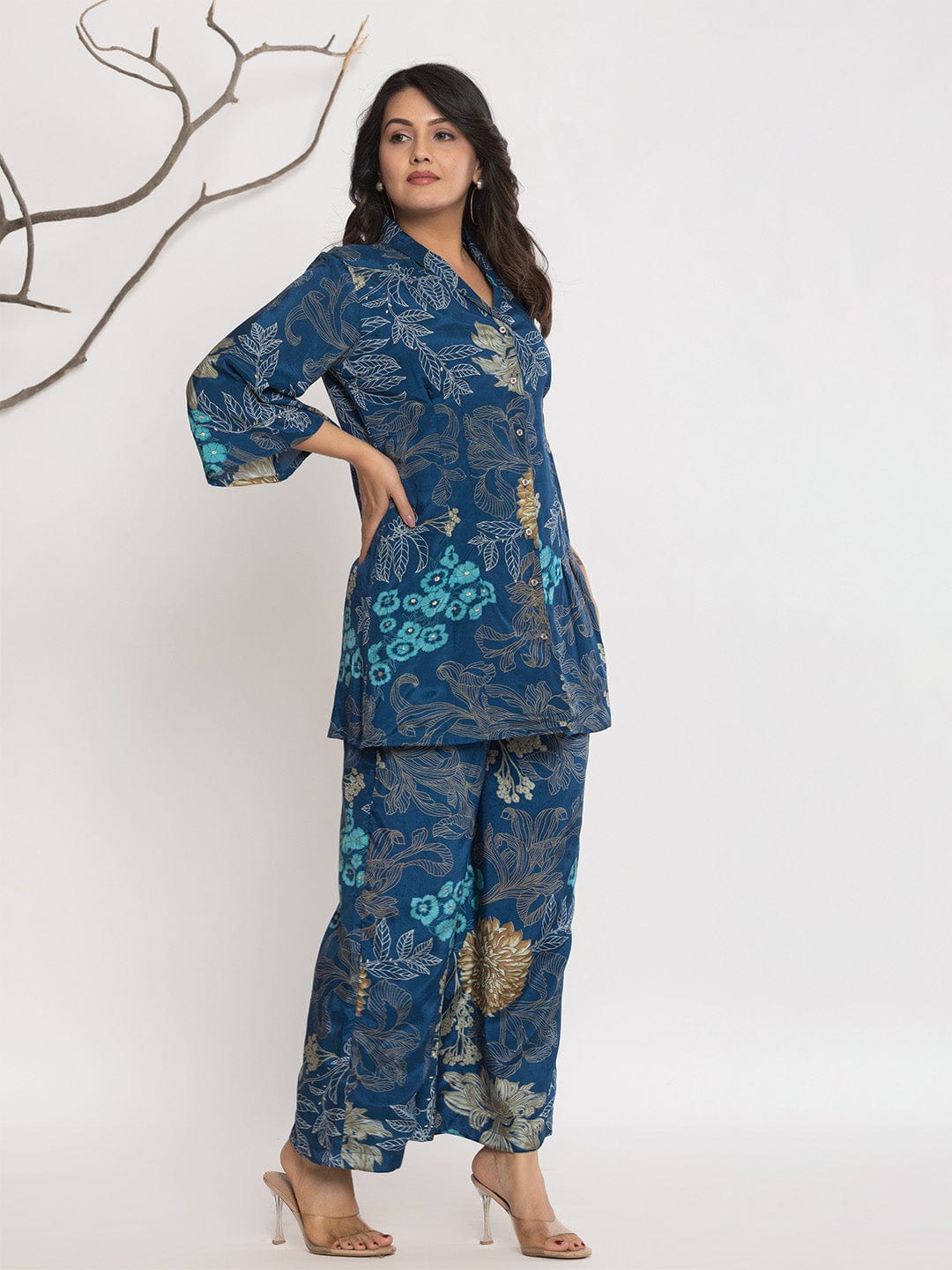 KSUT Women Floral Printed Front Placket Shirt with Flared Palazzo