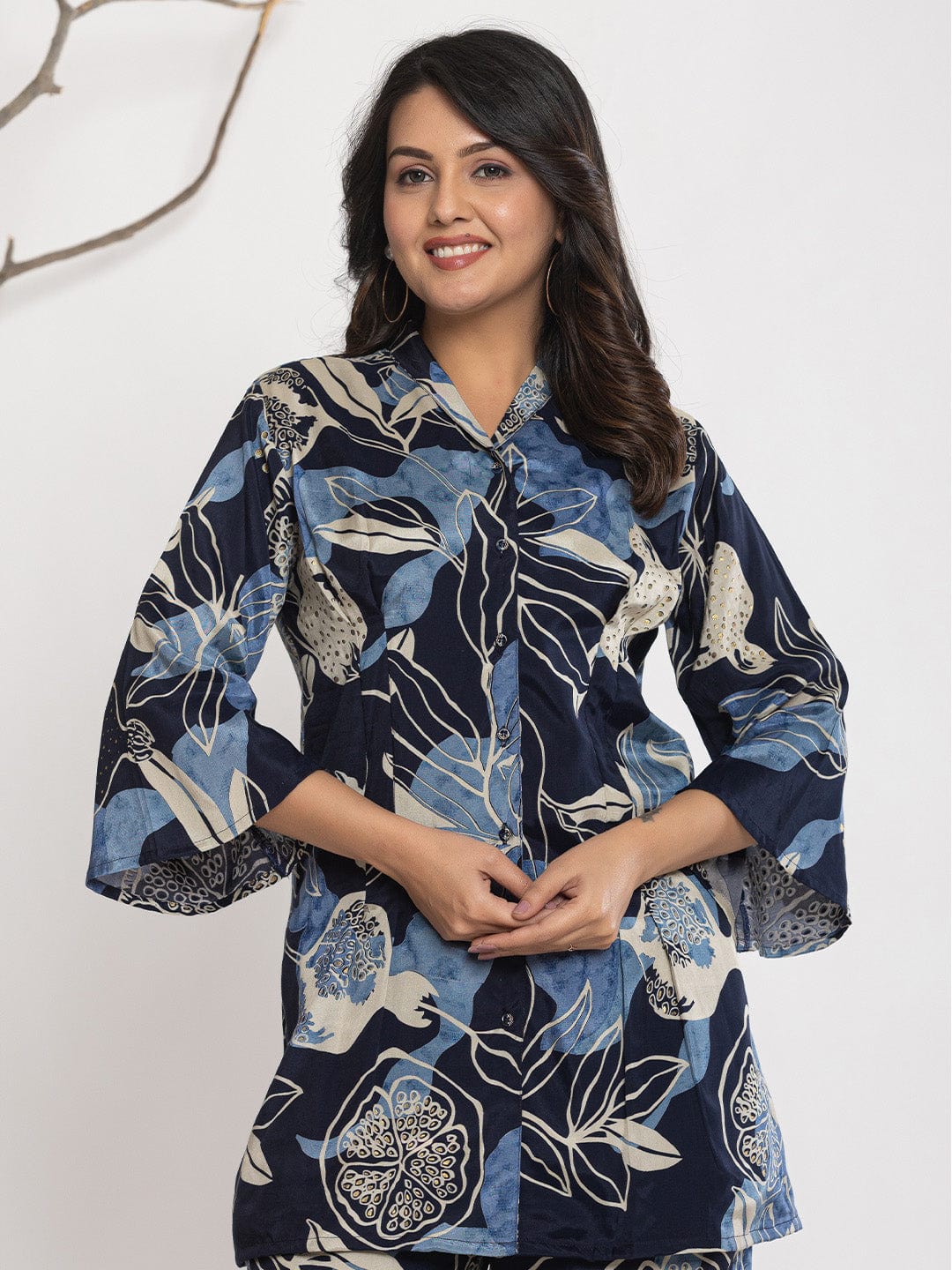 KSUT Women Floral Printed Front Placket Shirt with Flared Palazzo