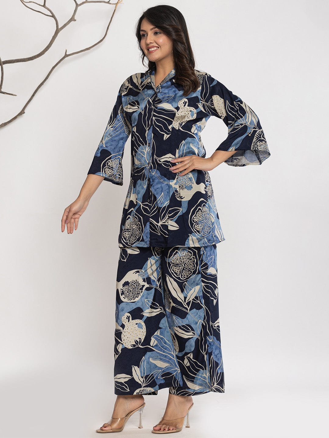 KSUT Women Floral Printed Front Placket Shirt with Flared Palazzo
