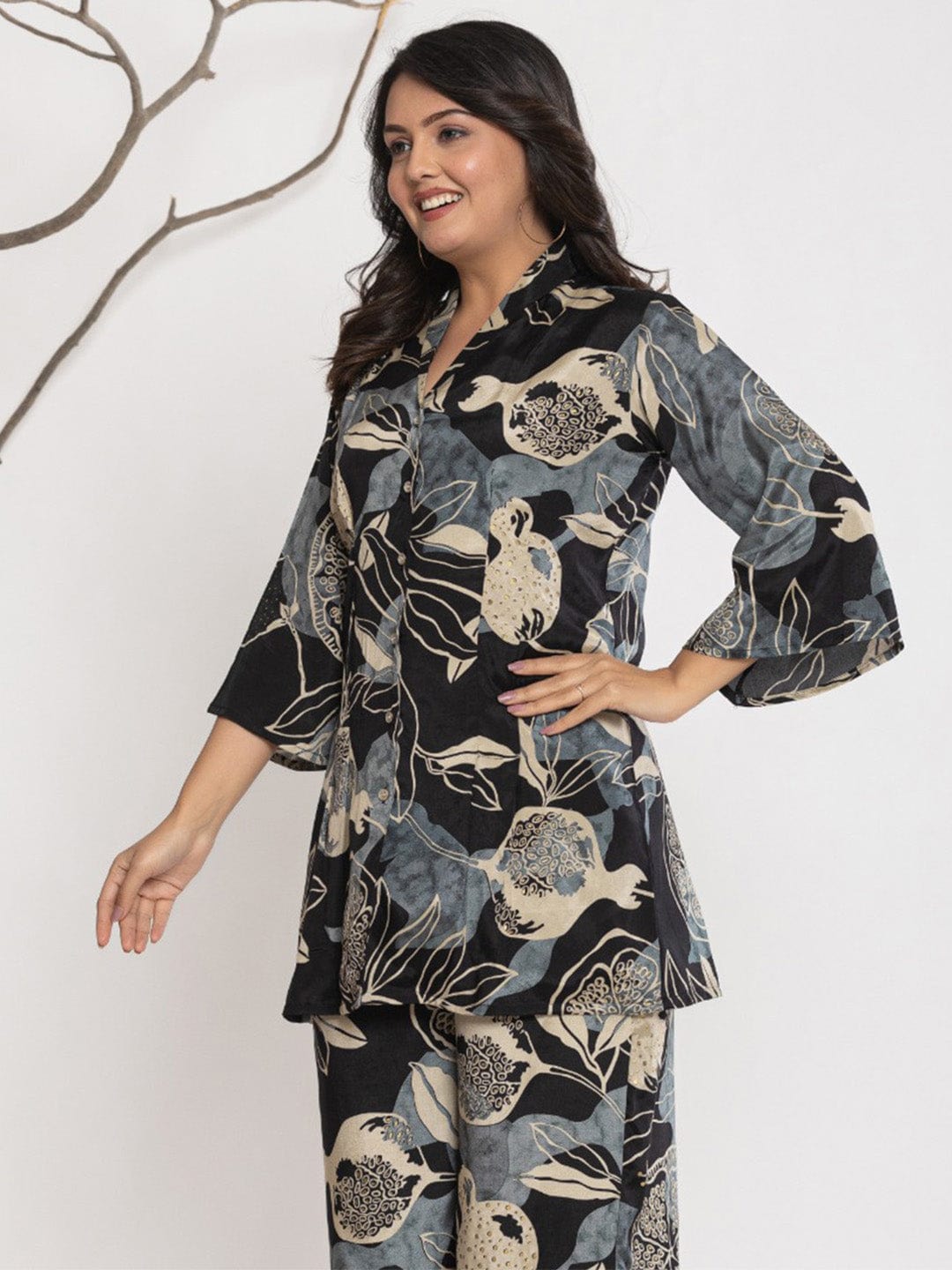 KSUT Women Floral Printed Front Placket Shirt with Flared Palazzo